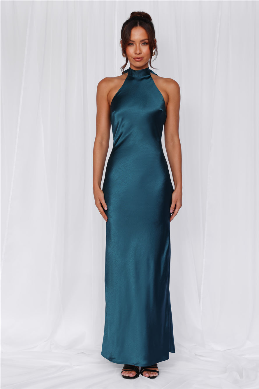 HELLO MOLLY The Cleo Halter Satin Maxi Dress Teal
