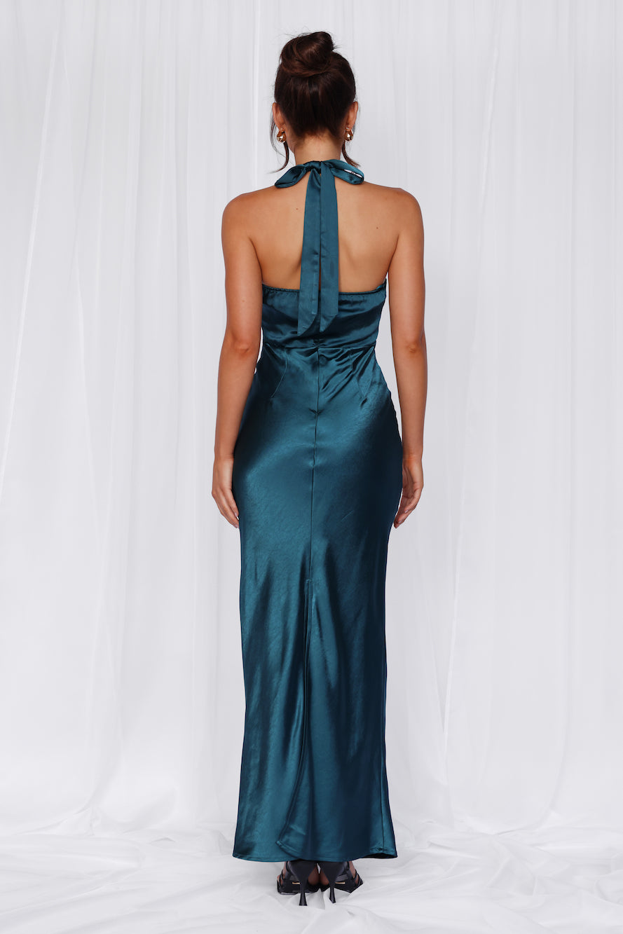 HELLO MOLLY The Cleo Halter Satin Maxi Dress Teal