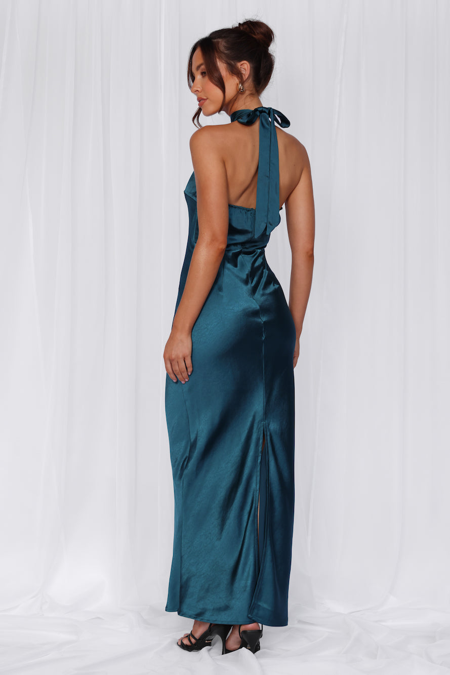 HELLO MOLLY The Cleo Halter Satin Maxi Dress Teal