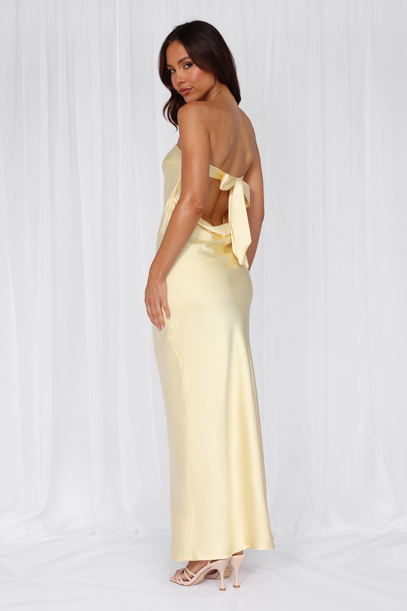 HELLO MOLLY The Felicity Strapless Satin Maxi Dress Yellow