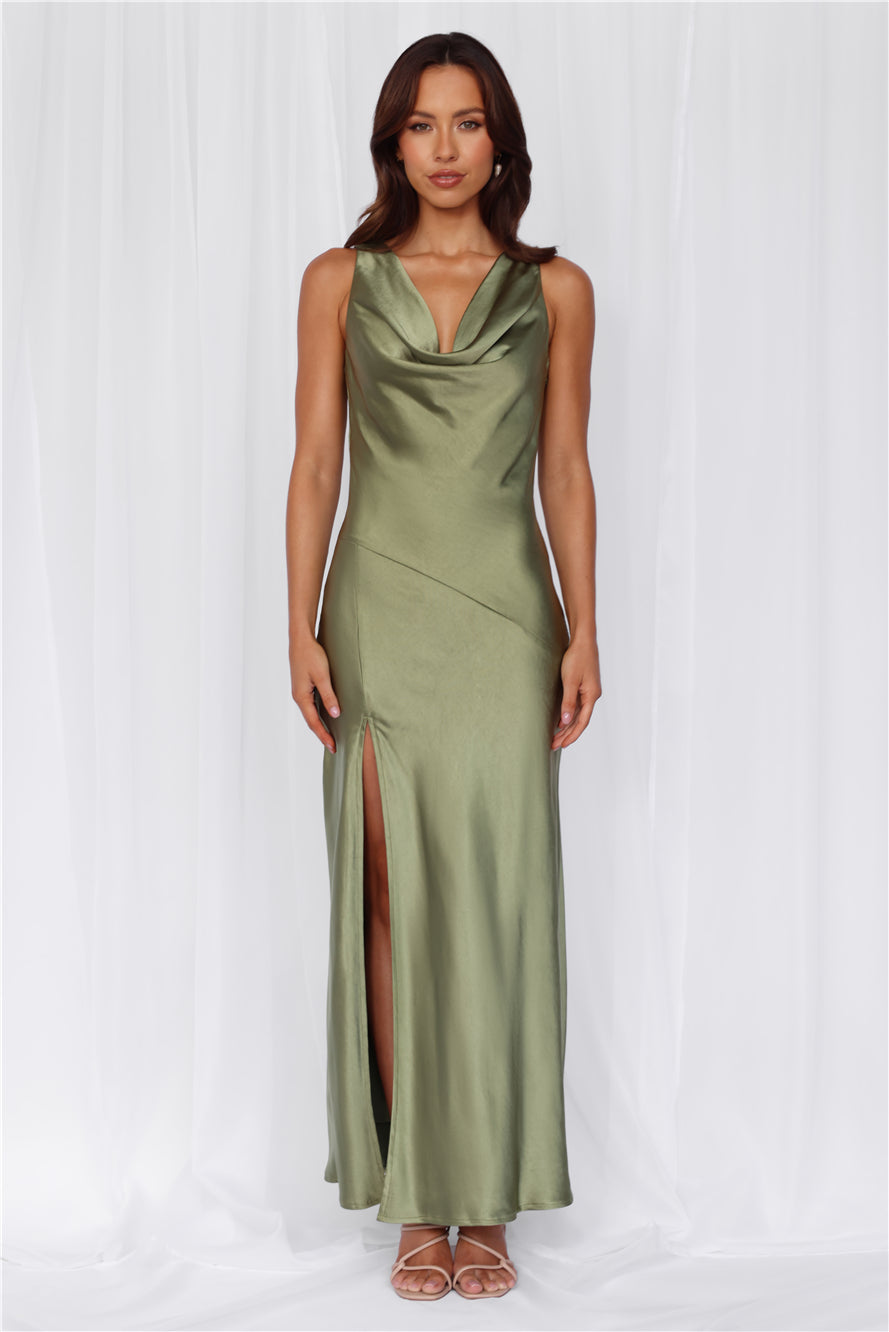 HELLO MOLLY The Loretta Cowl Satin Maxi Dress Olive