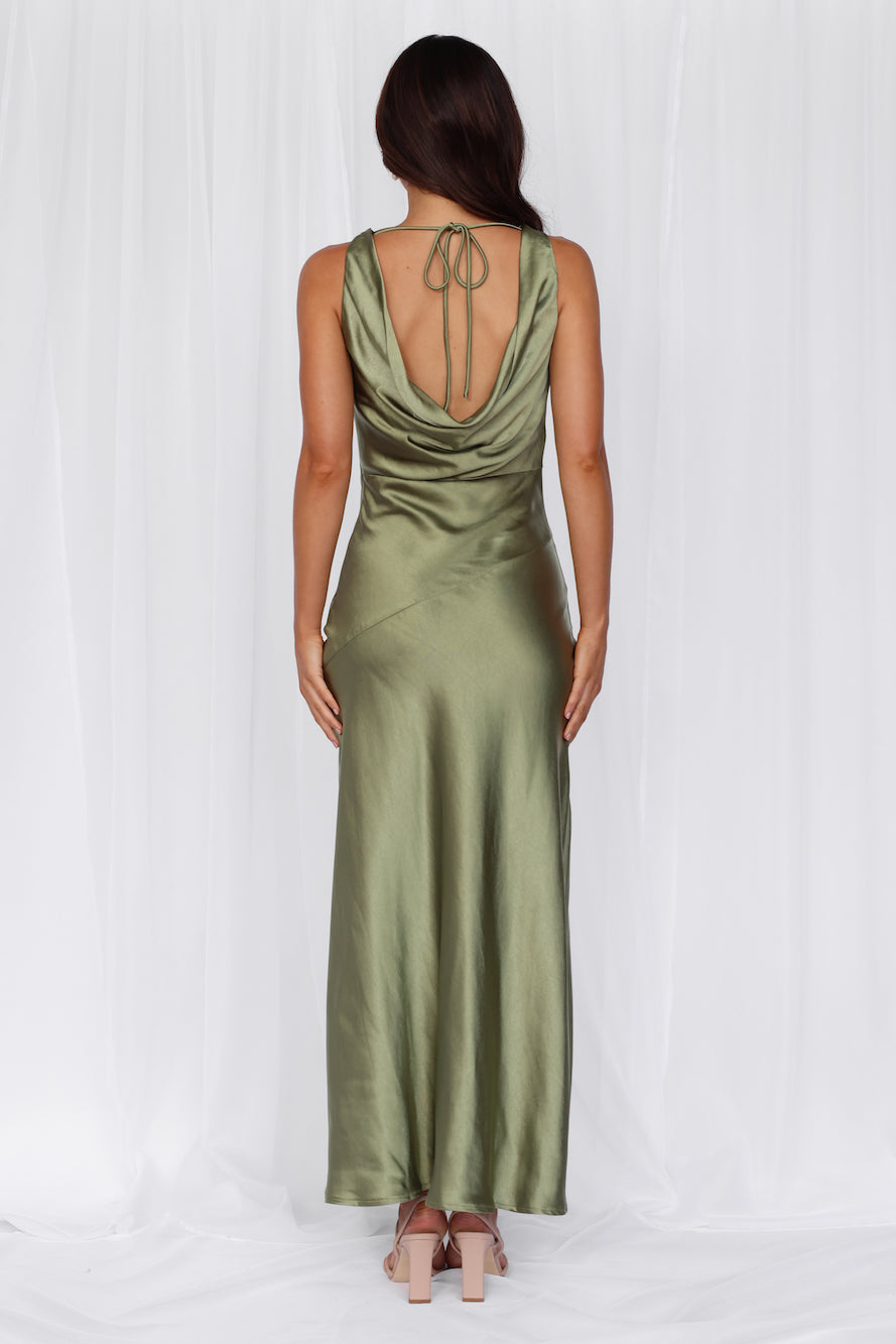 HELLO MOLLY The Loretta Cowl Satin Maxi Dress Olive