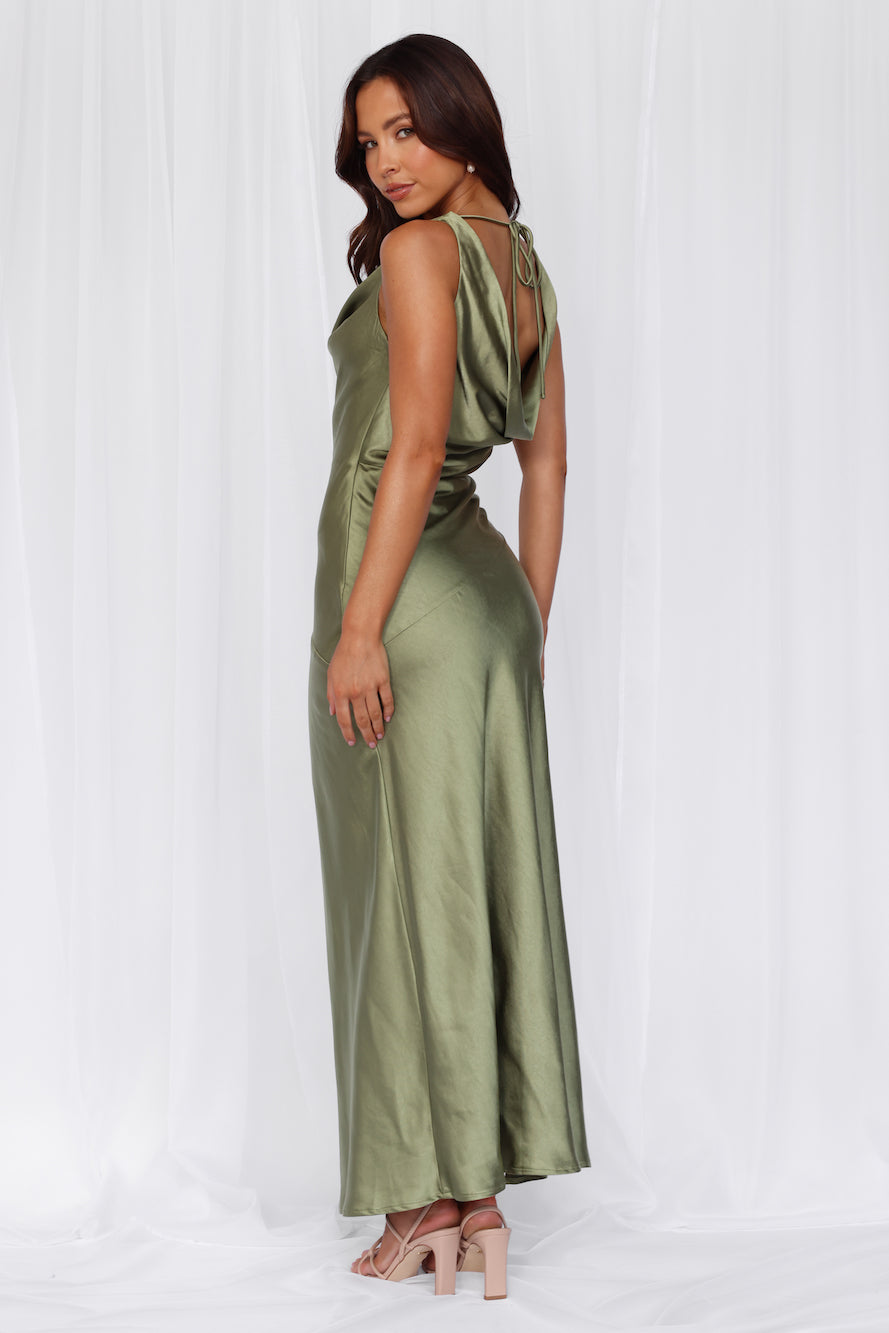 HELLO MOLLY The Loretta Cowl Satin Maxi Dress Olive
