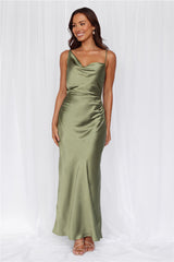 HELLO MOLLY The Madeline Cowl Satin Maxi Dress Olive