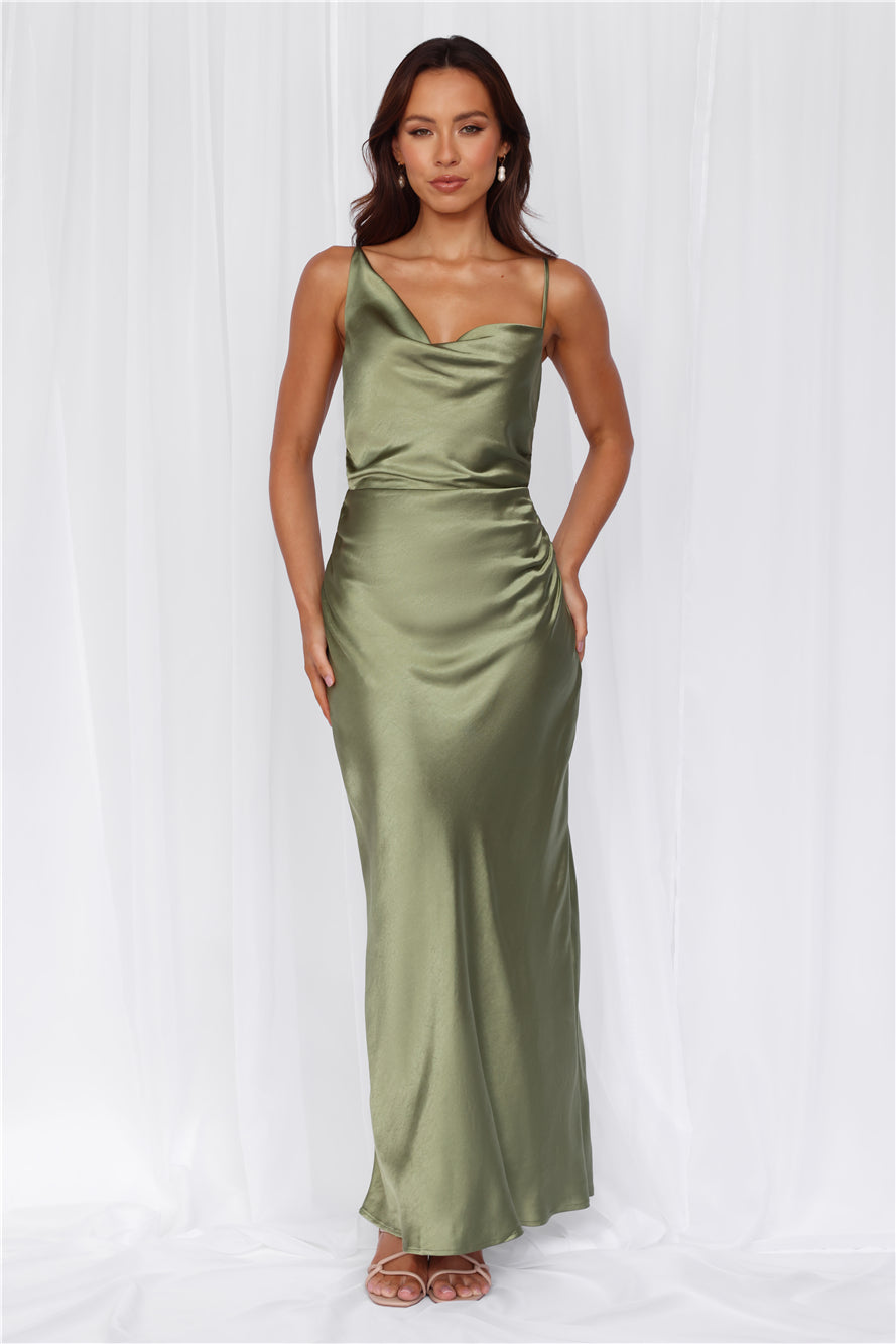 HELLO MOLLY The Madeline Cowl Satin Maxi Dress Olive