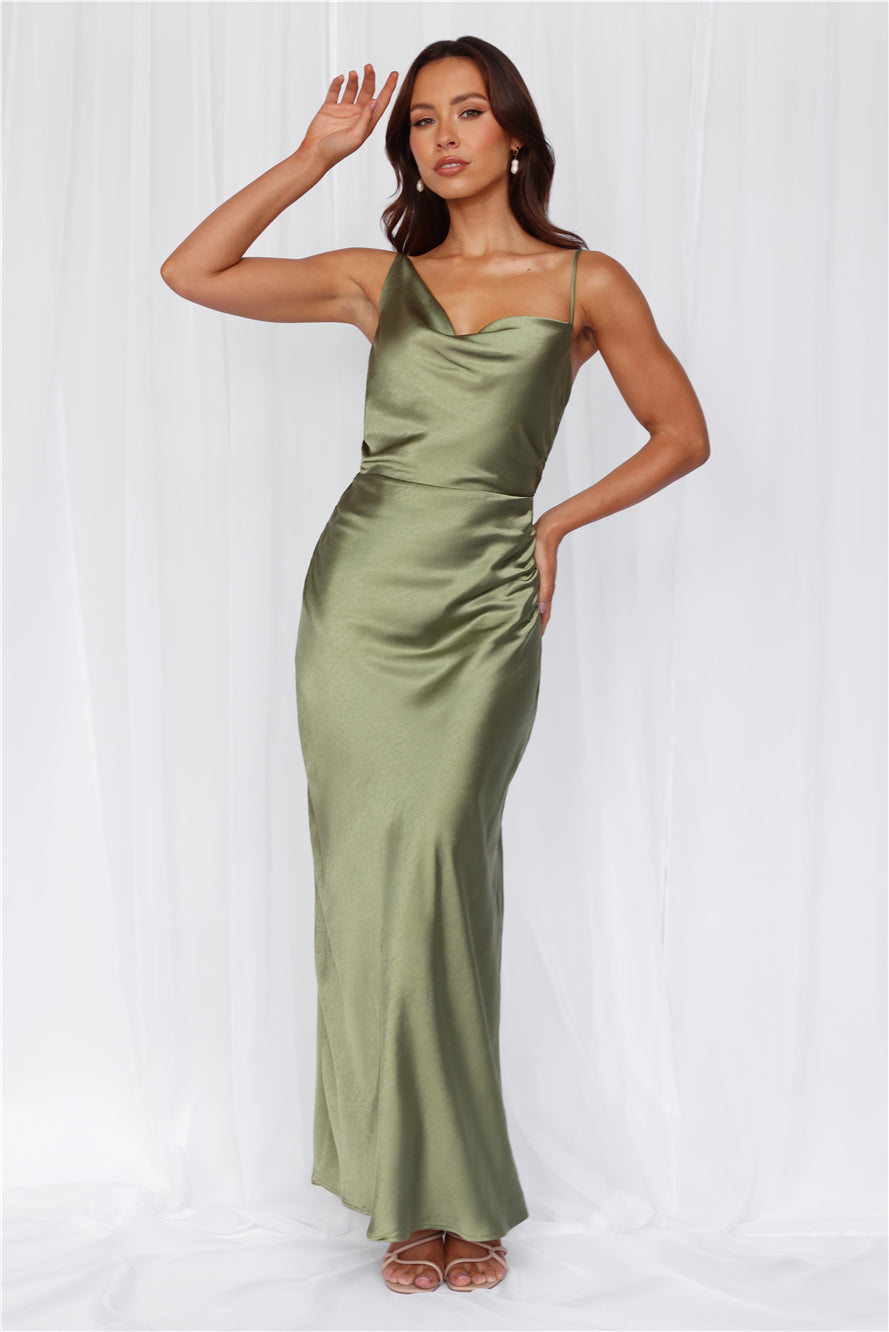 HELLO MOLLY The Madeline Cowl Satin Maxi Dress Olive