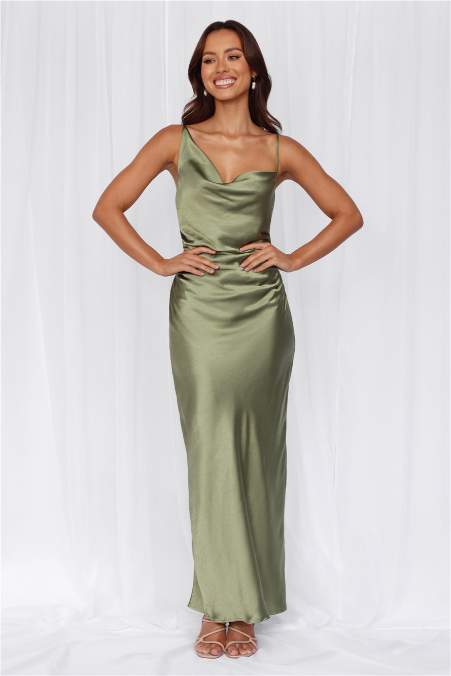 HELLO MOLLY The Madeline Cowl Satin Maxi Dress Olive
