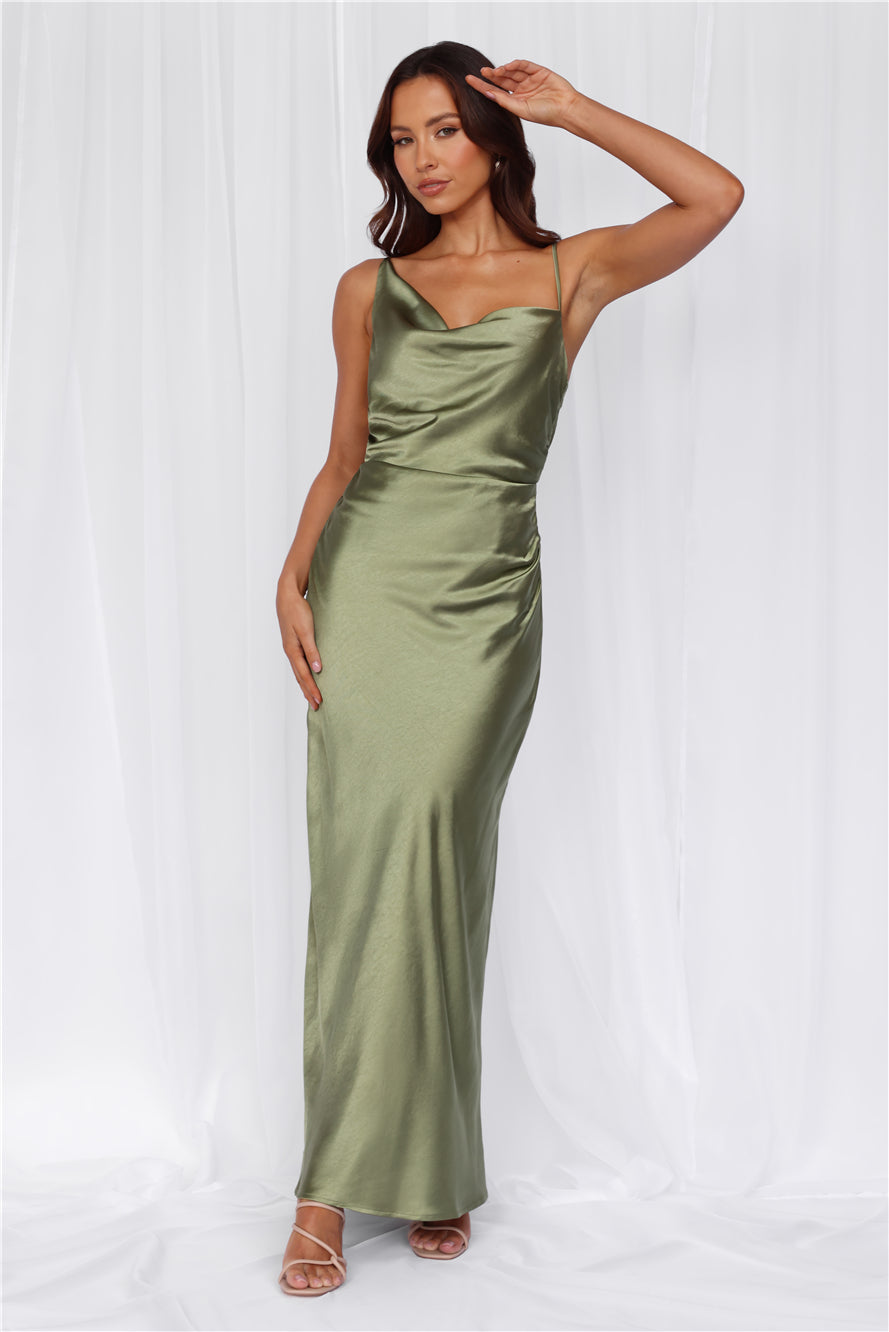 HELLO MOLLY The Madeline Cowl Satin Maxi Dress Olive