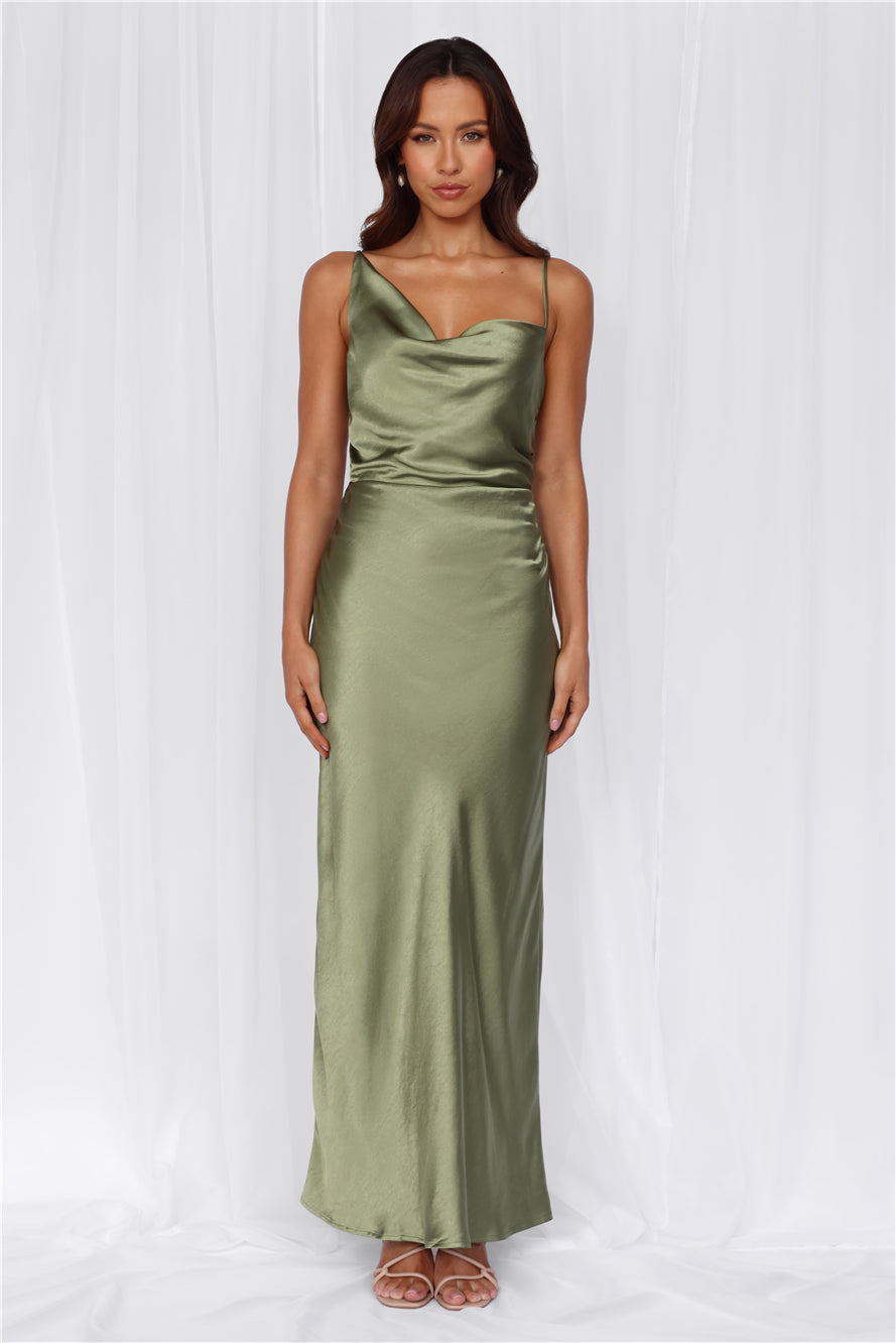 HELLO MOLLY The Madeline Cowl Satin Maxi Dress Olive