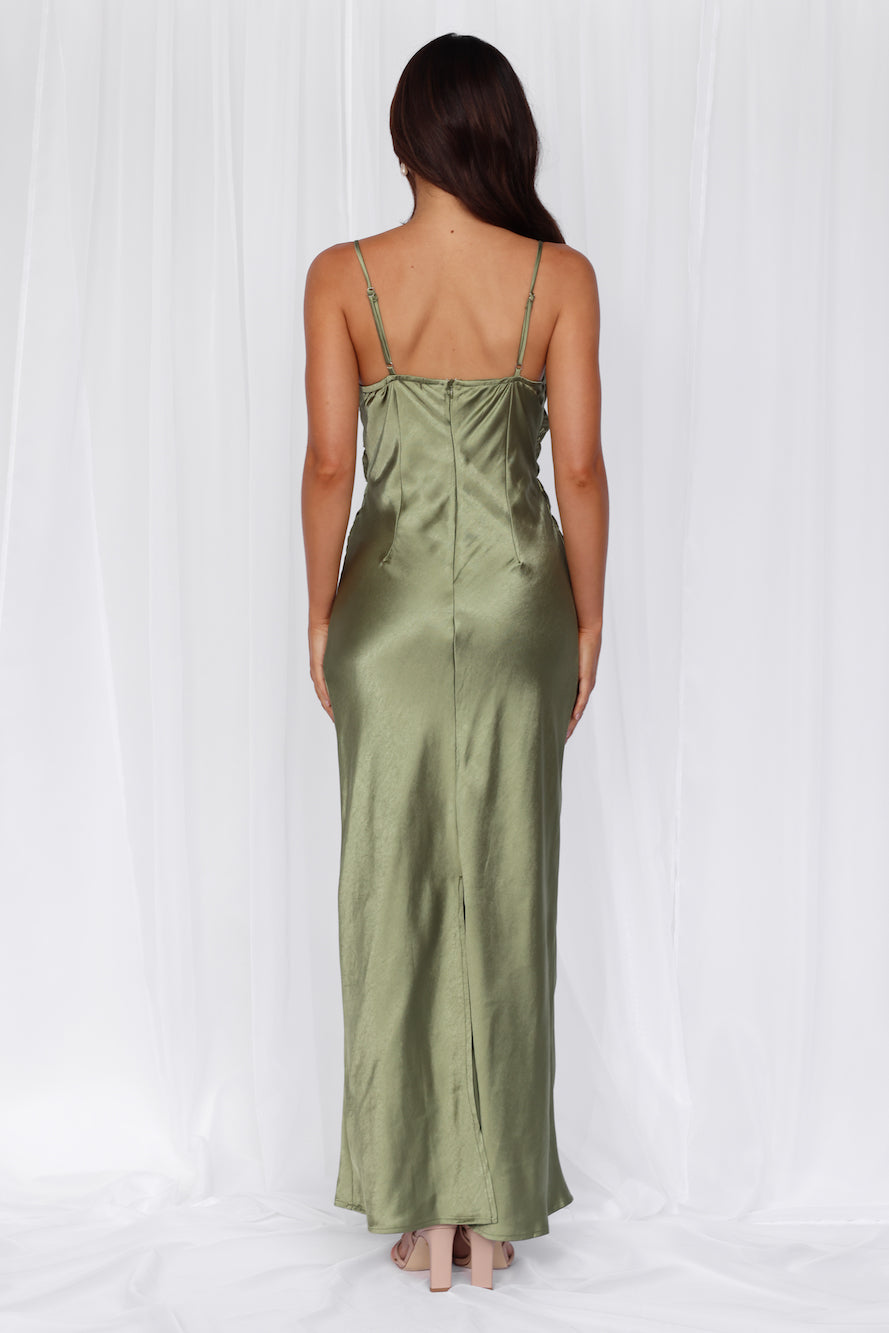 HELLO MOLLY The Madeline Cowl Satin Maxi Dress Olive