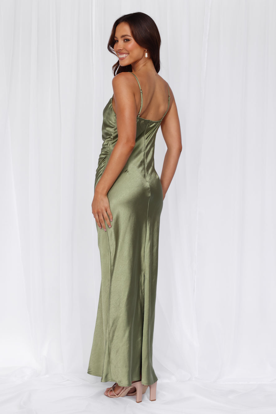 HELLO MOLLY The Madeline Cowl Satin Maxi Dress Olive