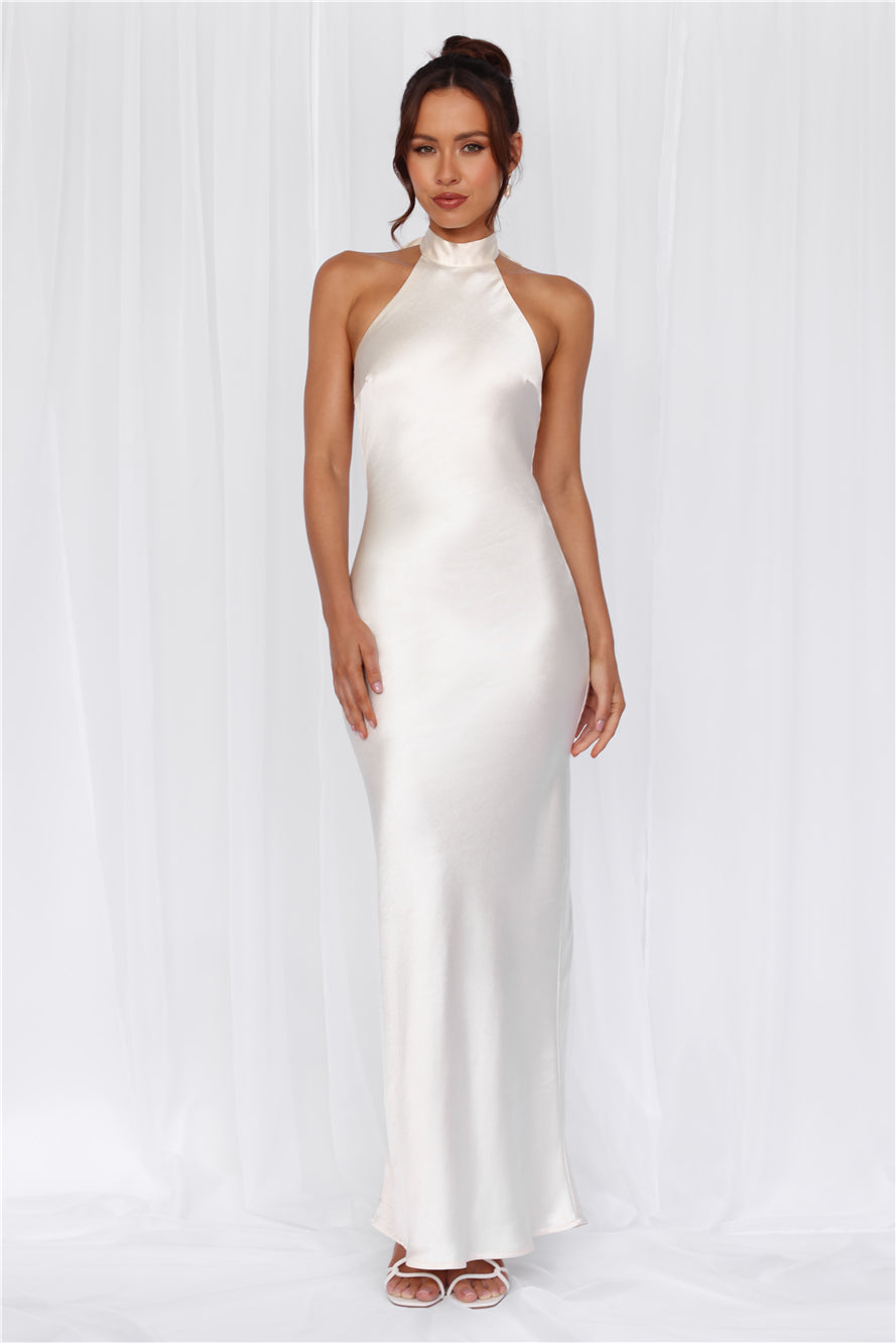 HELLO MOLLY The Cleo Halter Satin Maxi Dress Pearl