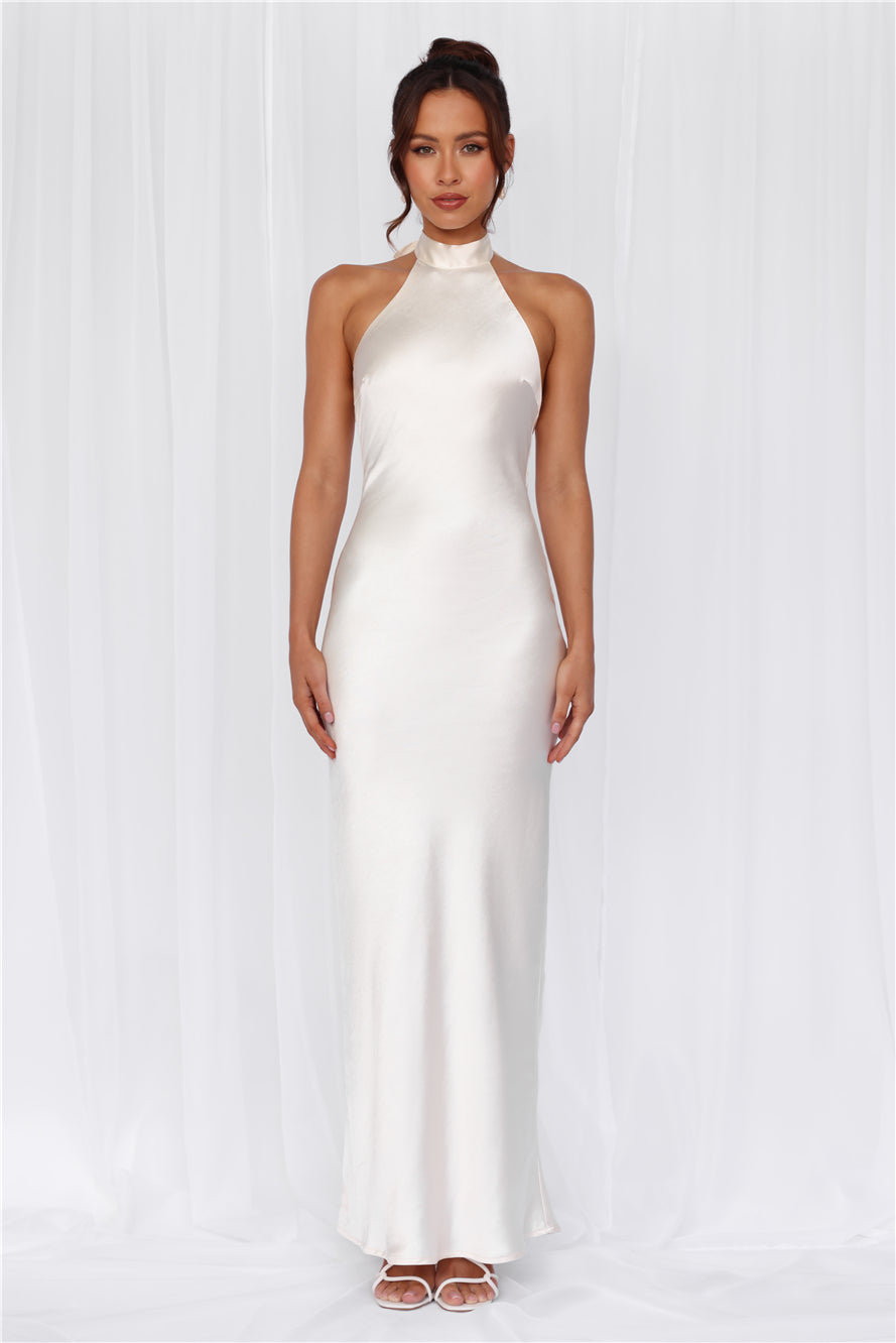 HELLO MOLLY The Cleo Halter Satin Maxi Dress Pearl