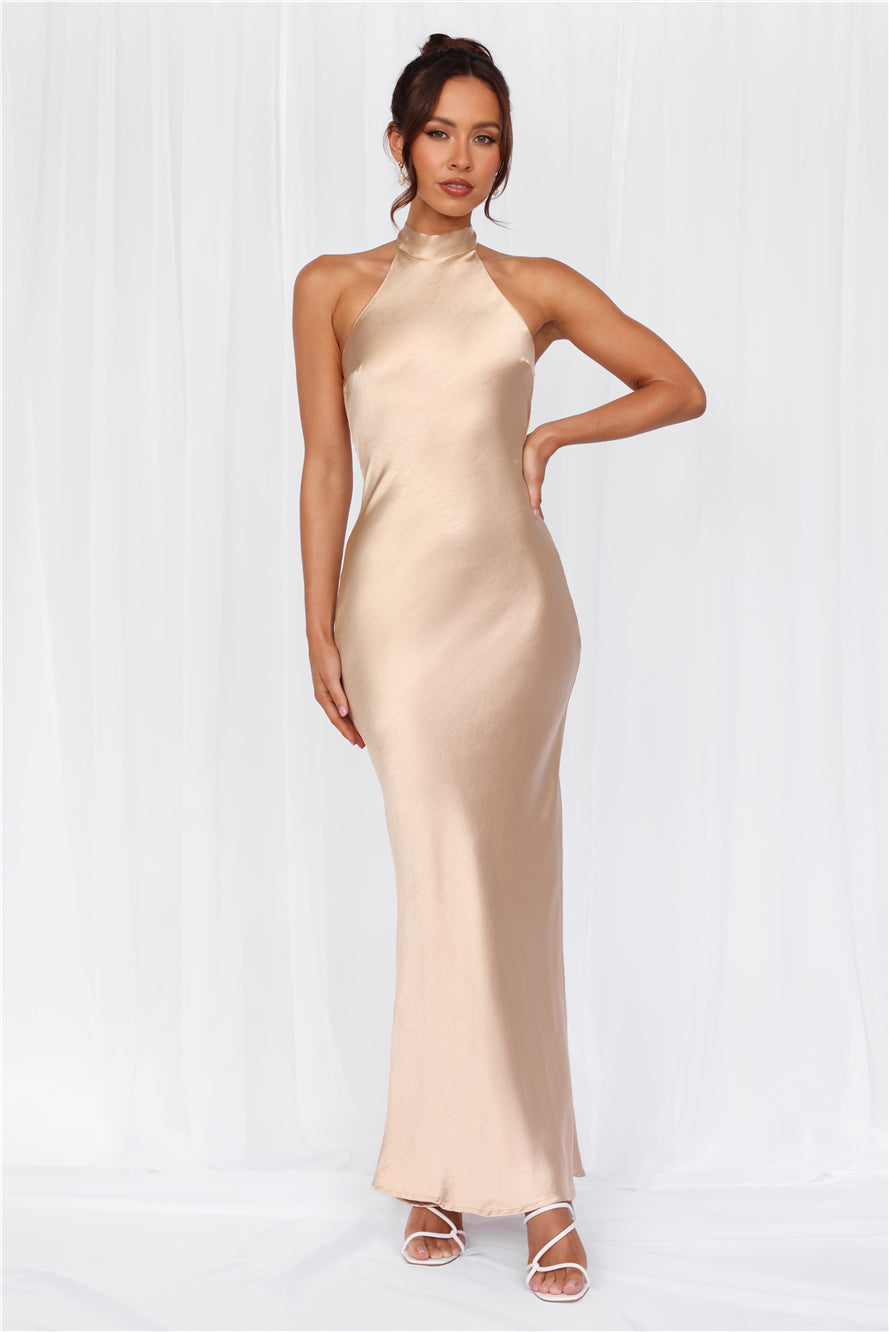 HELLO MOLLY The Cleo Halter Satin Maxi Dress Champagne