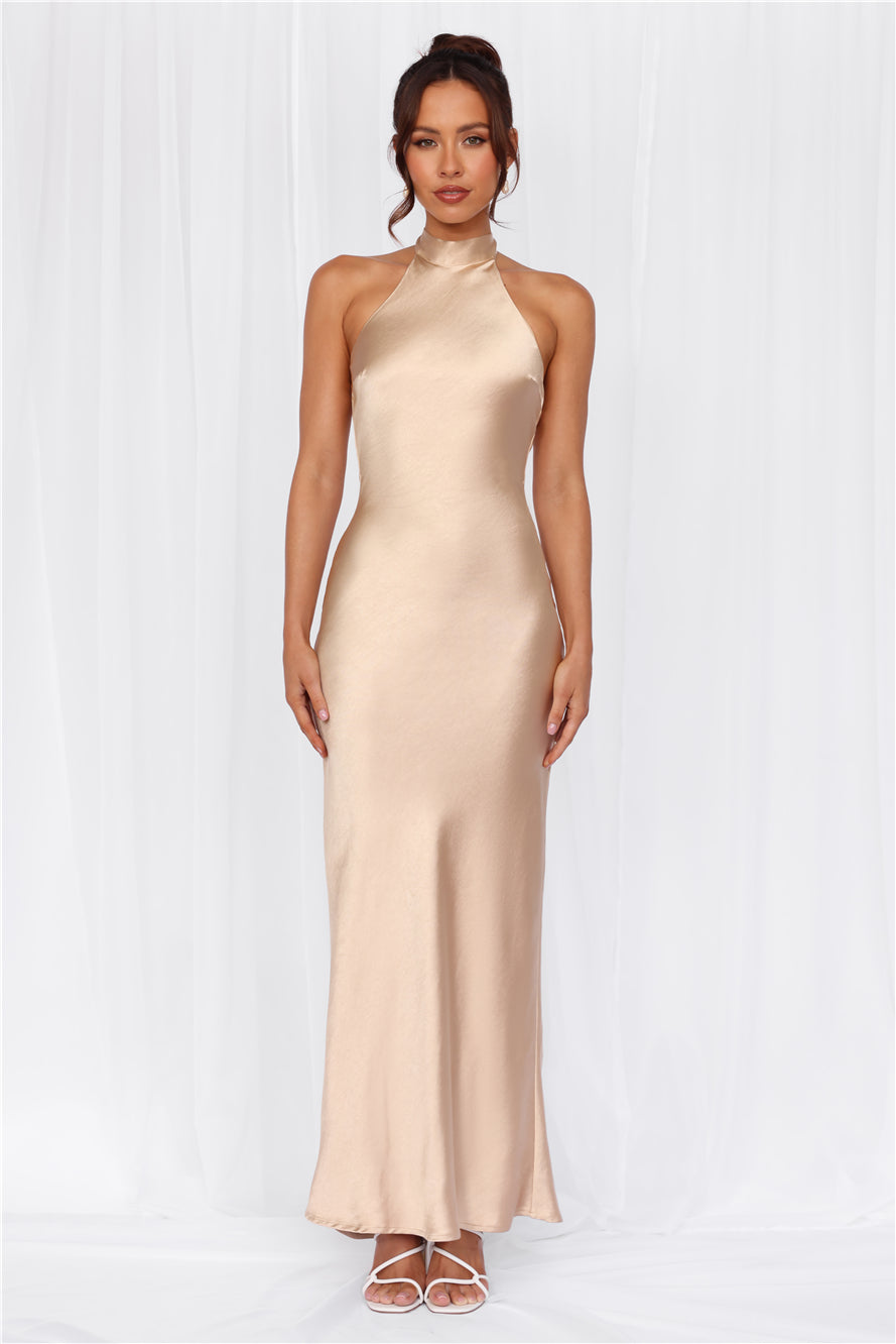 HELLO MOLLY The Cleo Halter Satin Maxi Dress Champagne