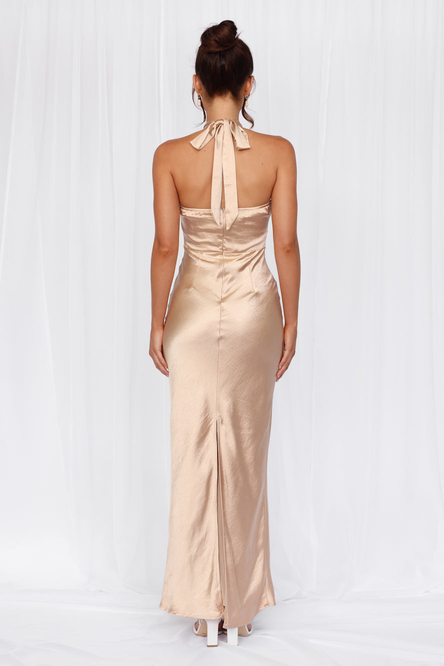 HELLO MOLLY The Cleo Halter Satin Maxi Dress Champagne