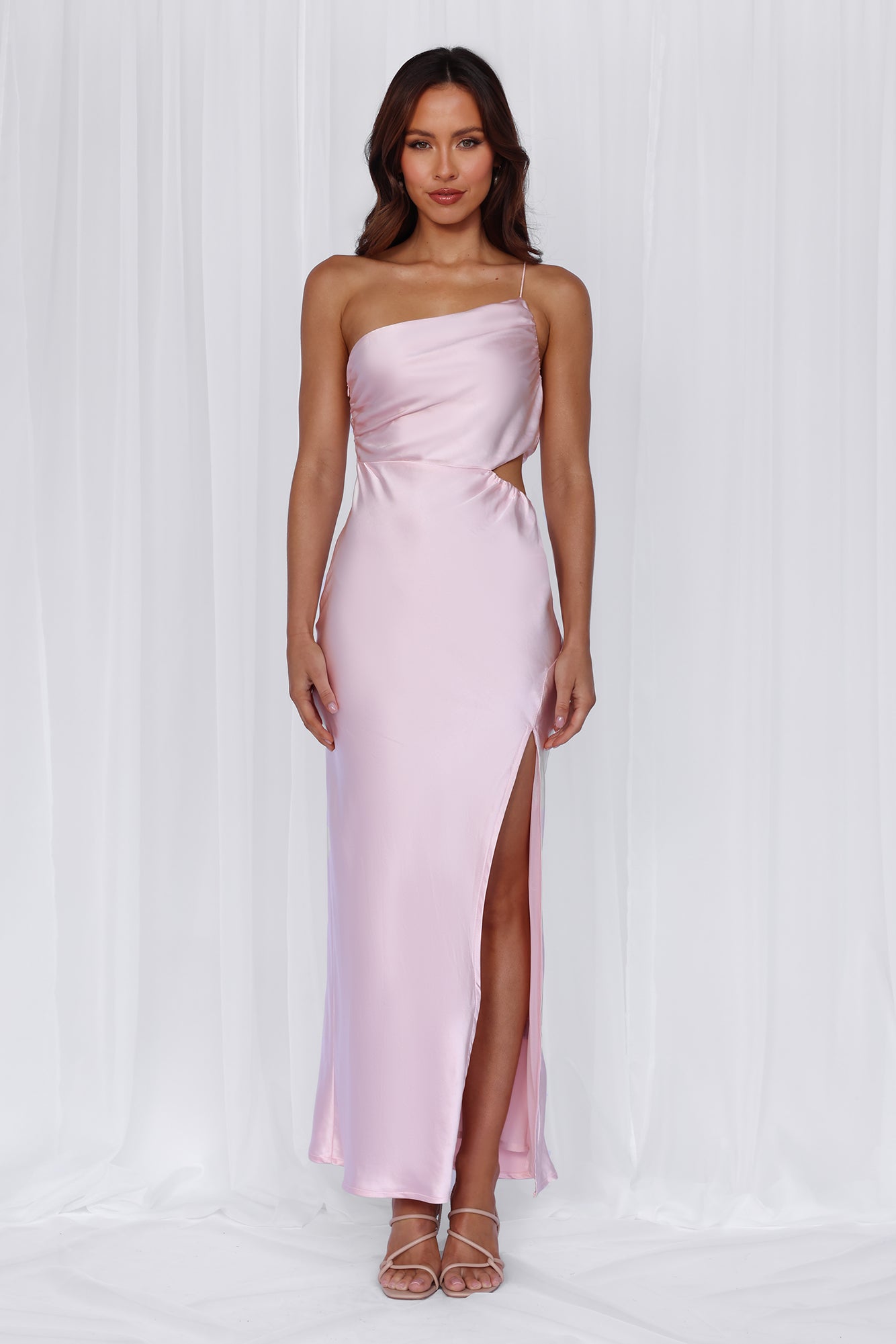 HELLO MOLLY The Opal One Shoulder Satin Maxi Dress Pink