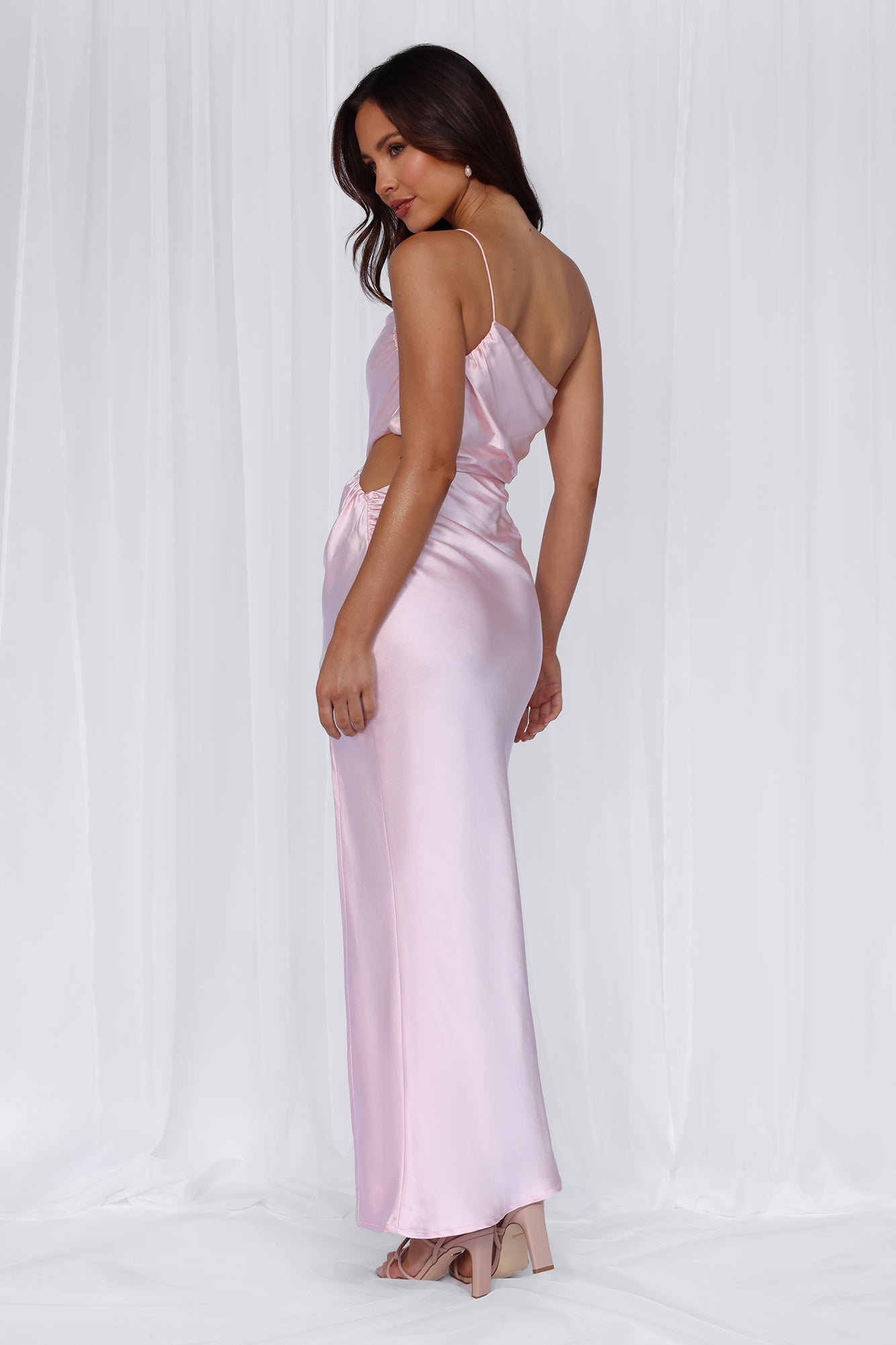 HELLO MOLLY The Opal One Shoulder Satin Maxi Dress Pink