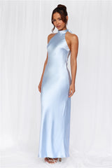 HELLO MOLLY The Cleo Halter Satin Maxi Dress Blue