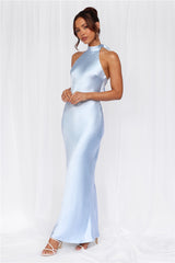 HELLO MOLLY The Cleo Halter Satin Maxi Dress Blue