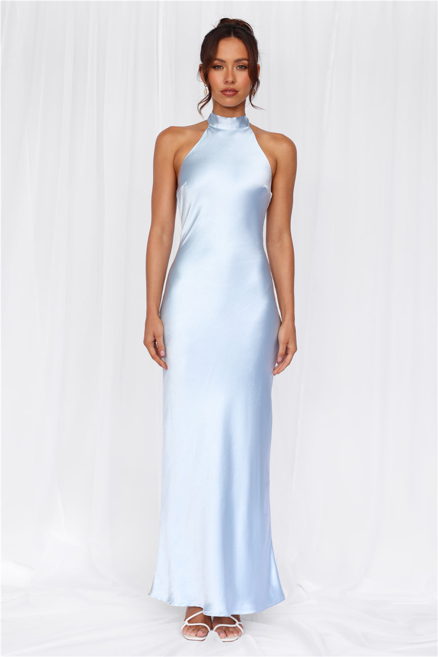 HELLO MOLLY The Cleo Halter Satin Maxi Dress Blue