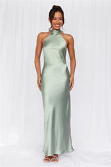 HELLO MOLLY The Cleo Halter Satin Maxi Dress Sage
