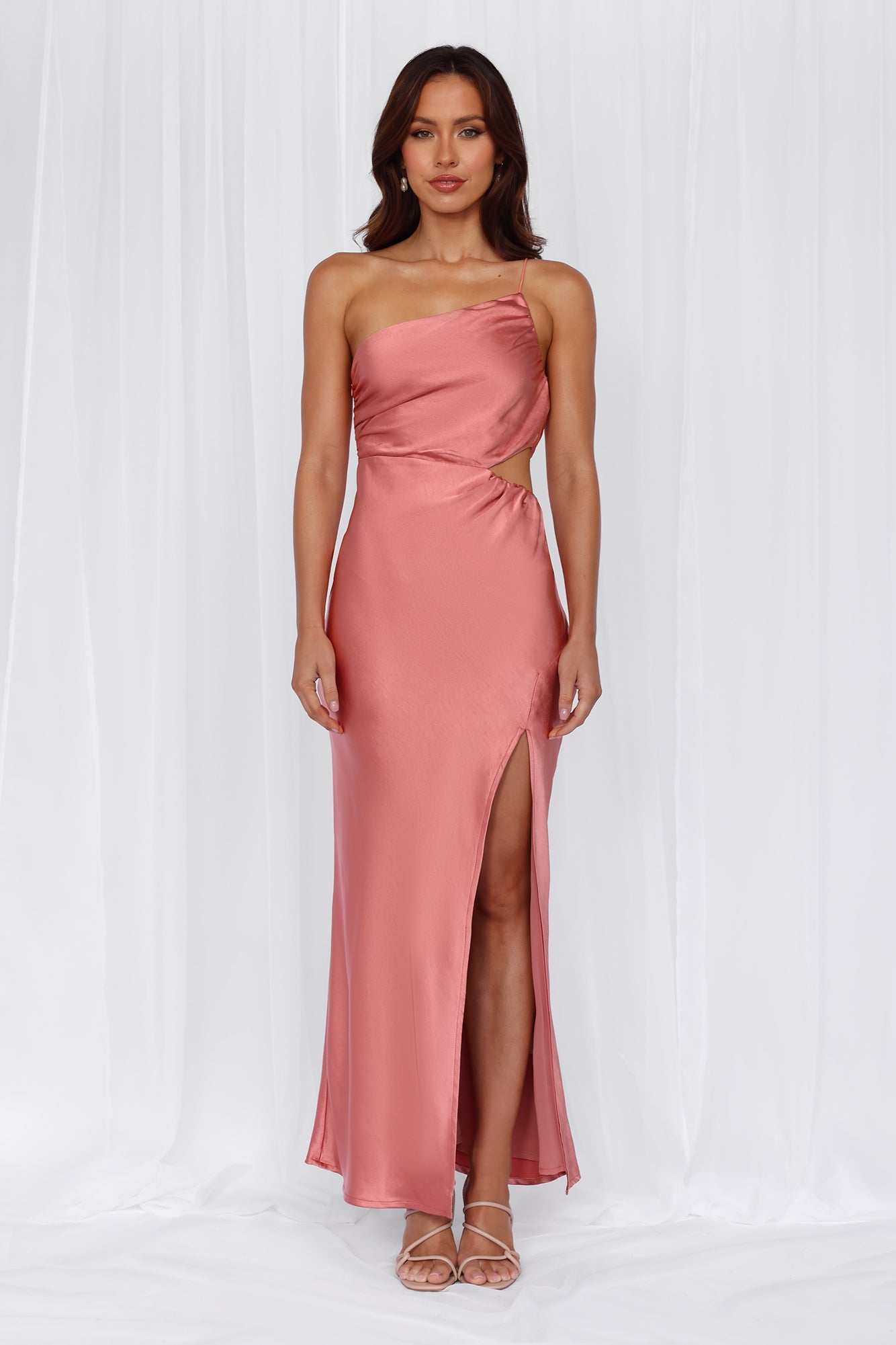HELLO MOLLY The Opal One Shoulder Satin Maxi Dress Rose
