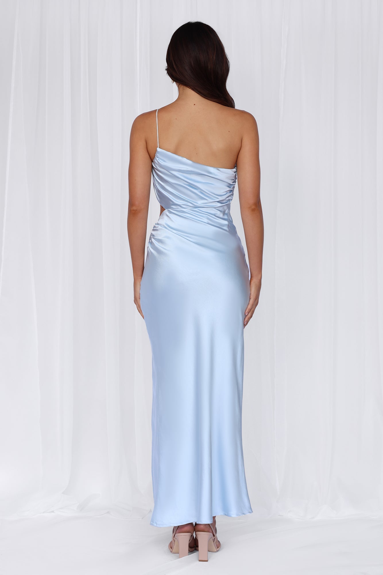HELLO MOLLY The Opal One Shoulder Satin Maxi Dress Blue