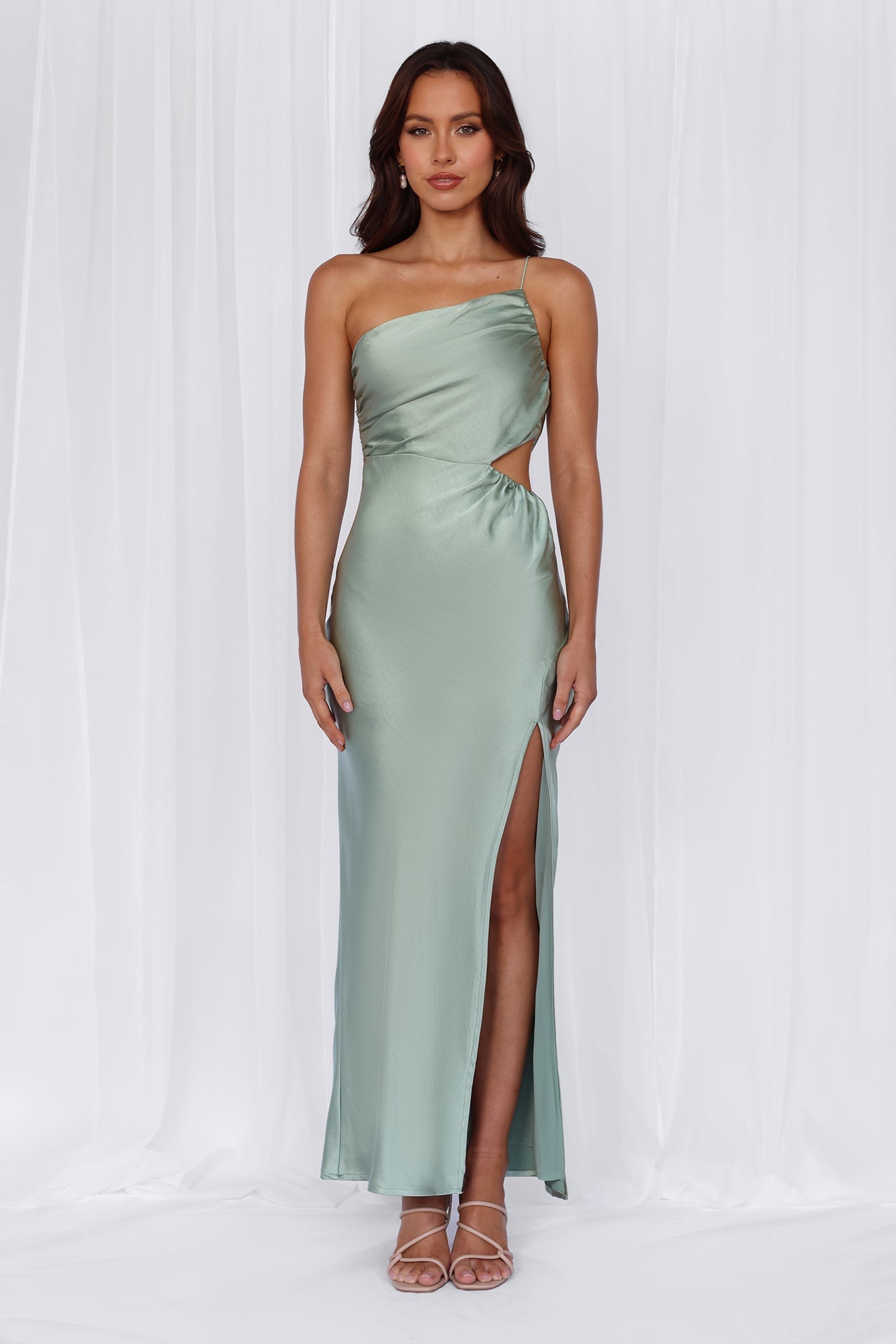 HELLO MOLLY The Opal One Shoulder Satin Maxi Dress Sage