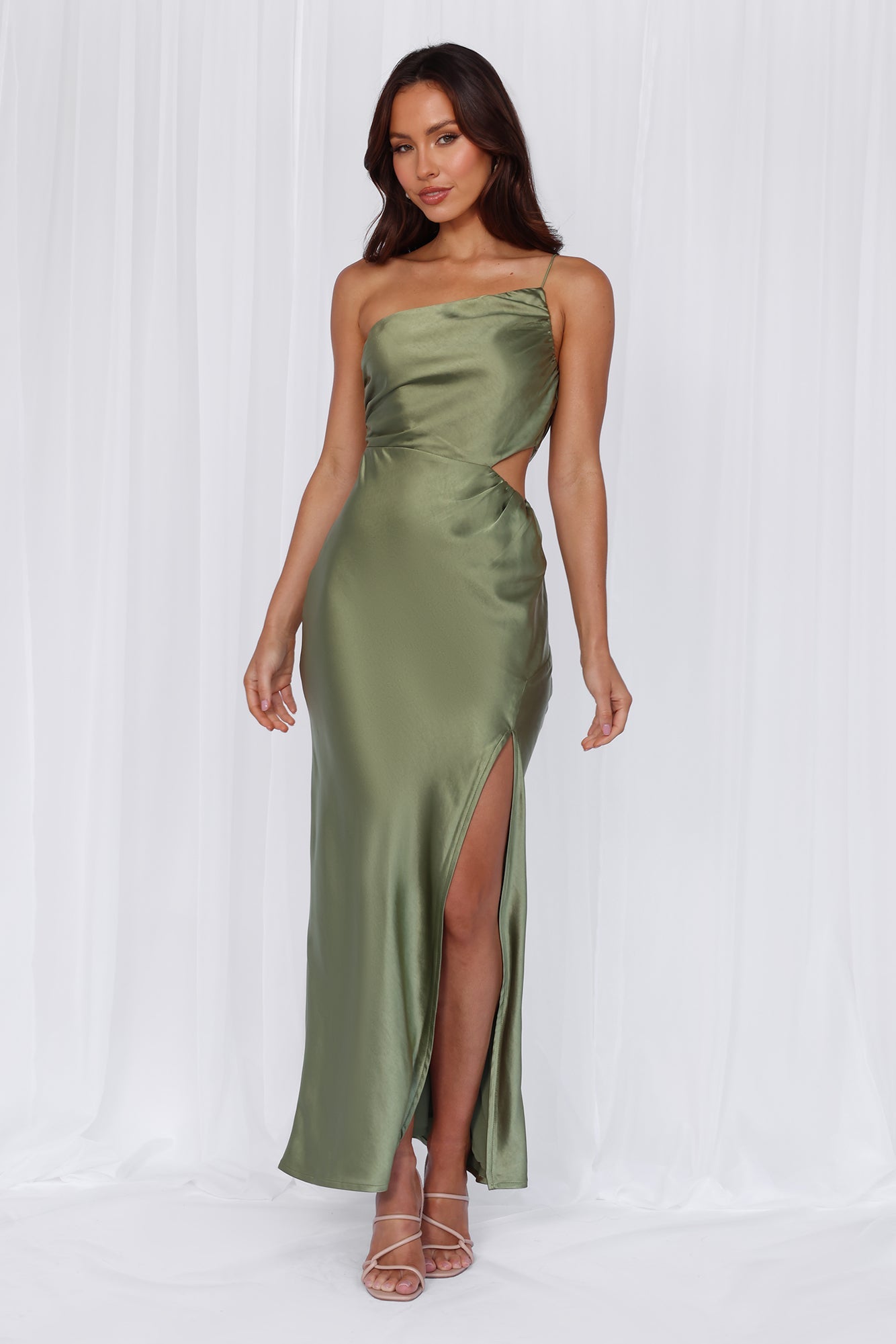 HELLO MOLLY The Opal One Shoulder Satin Maxi Dress Olive