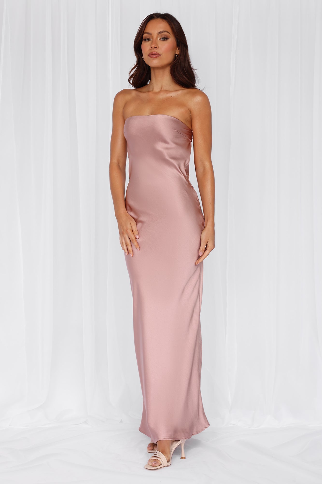 HELLO MOLLY The Felicity Strapless Satin Maxi Dress Dusty Pink
