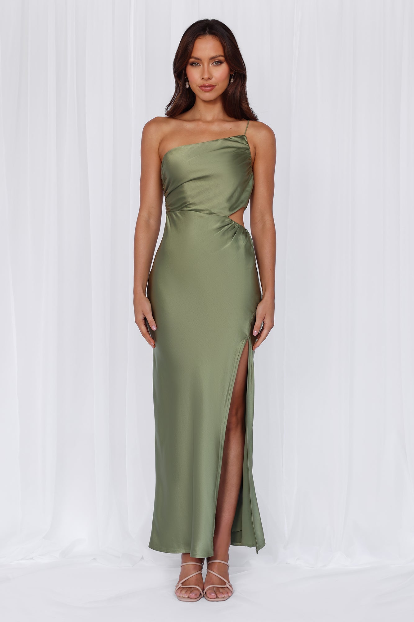 HELLO MOLLY The Opal One Shoulder Satin Maxi Dress Olive
