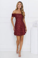 Glittering Dreams Sequin Off Shoulder Mini Dress Burgundy