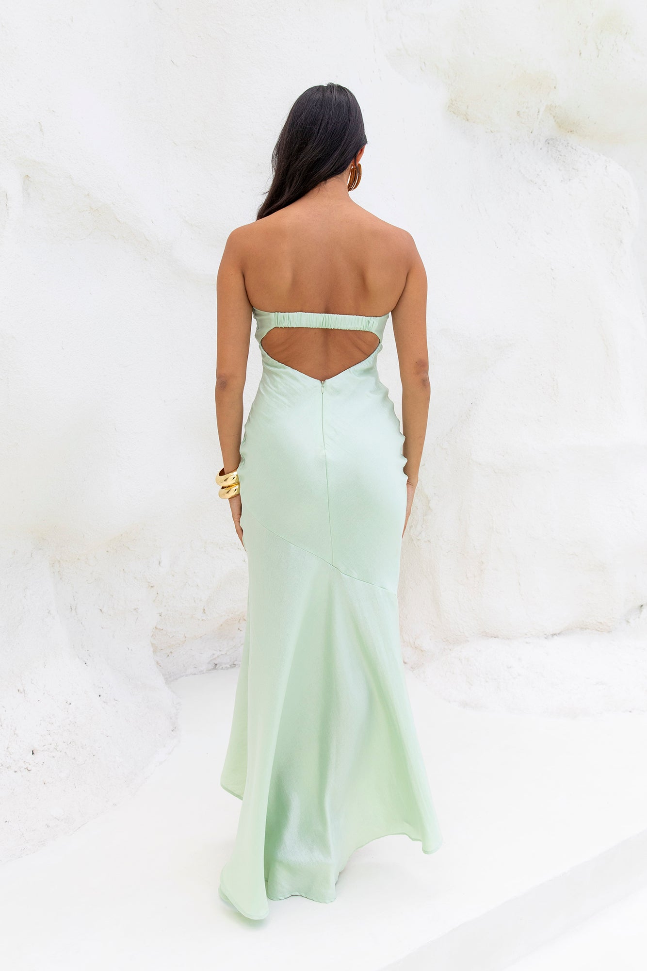 Heritage Strapless Satin Maxi Dress Sage