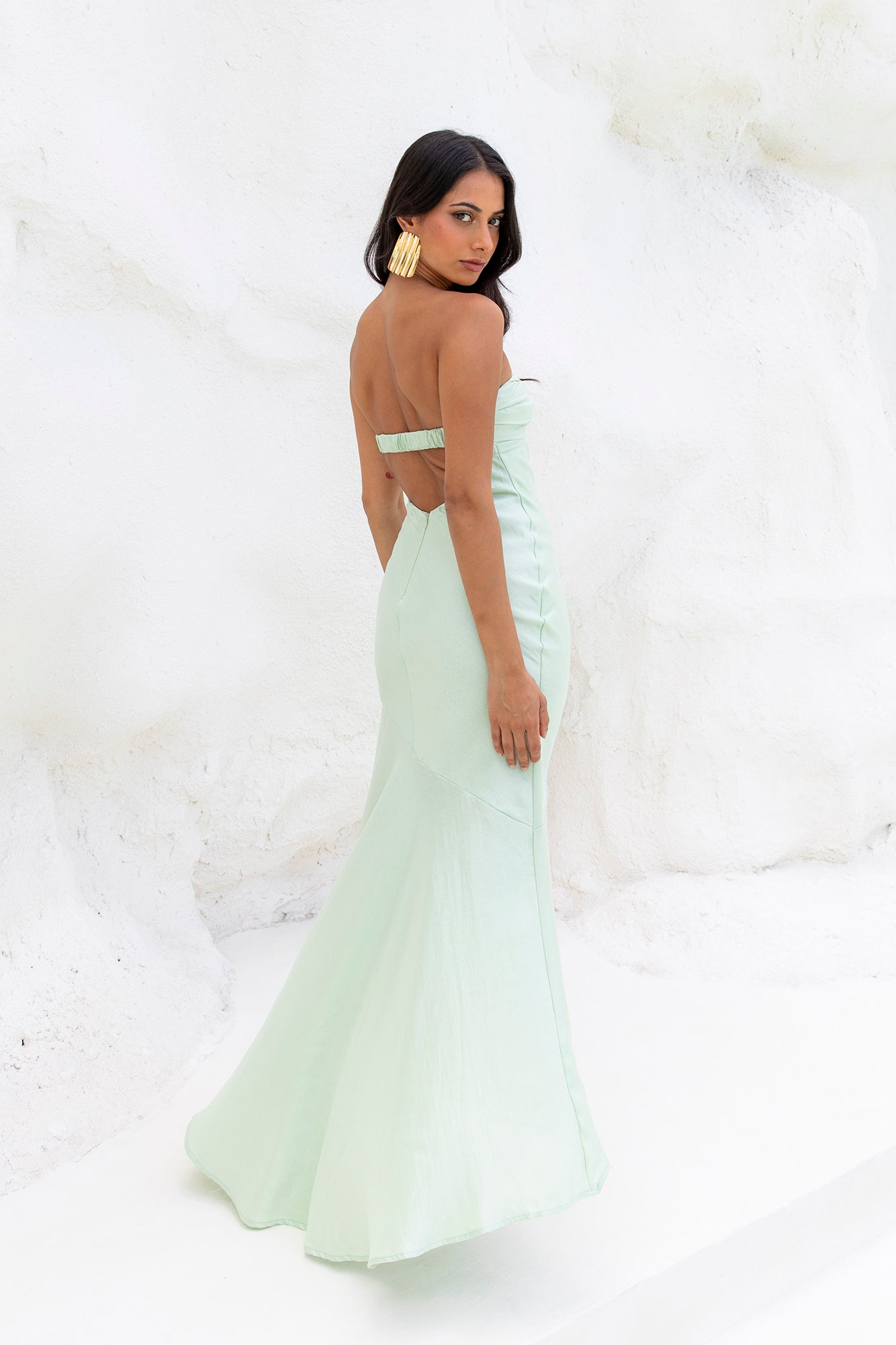 Heritage Strapless Satin Maxi Dress Sage
