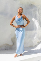 Moonlit Palms Satin Maxi Dress Blue