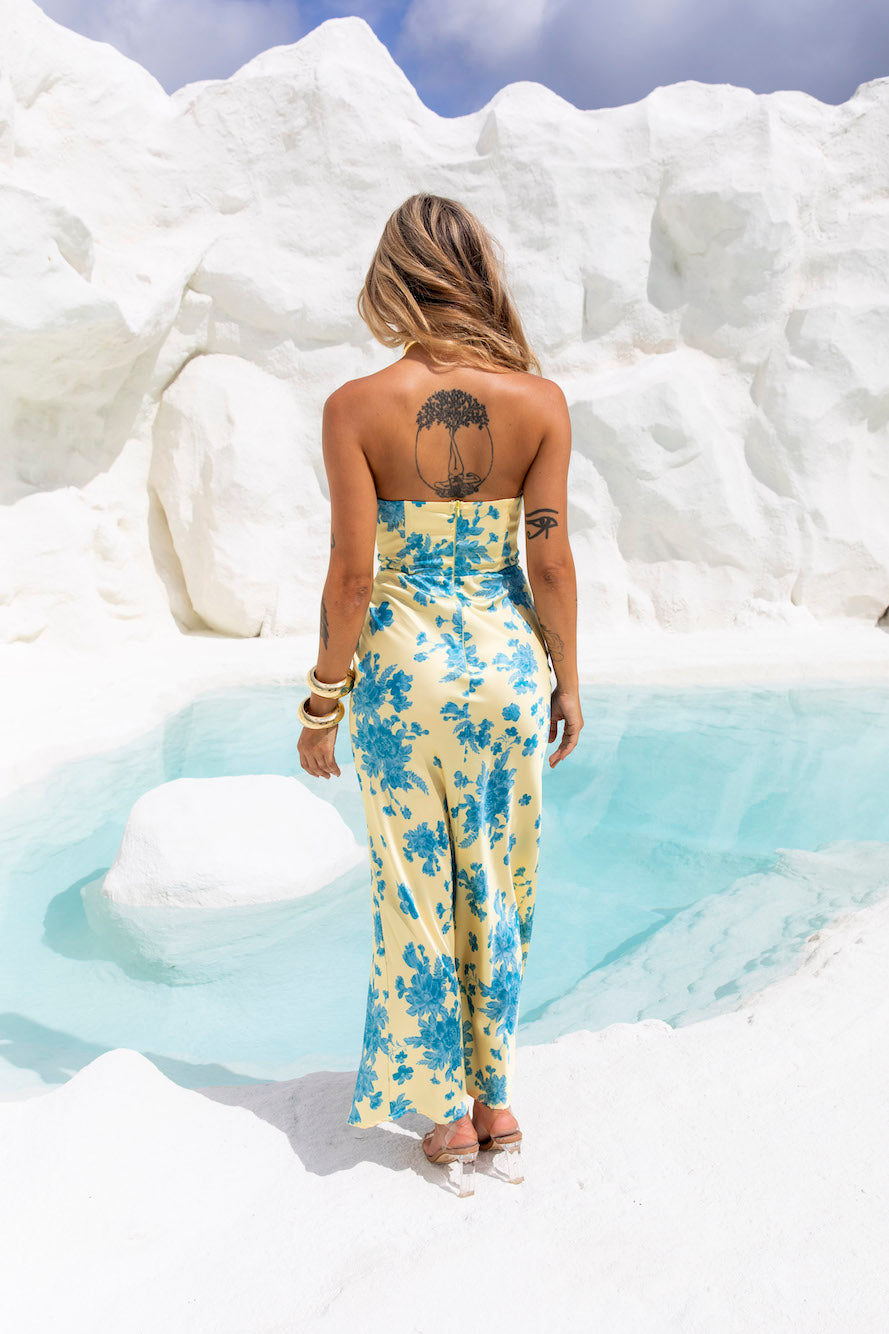 Language Of Blooms Satin Strapless Maxi Dress Yellow
