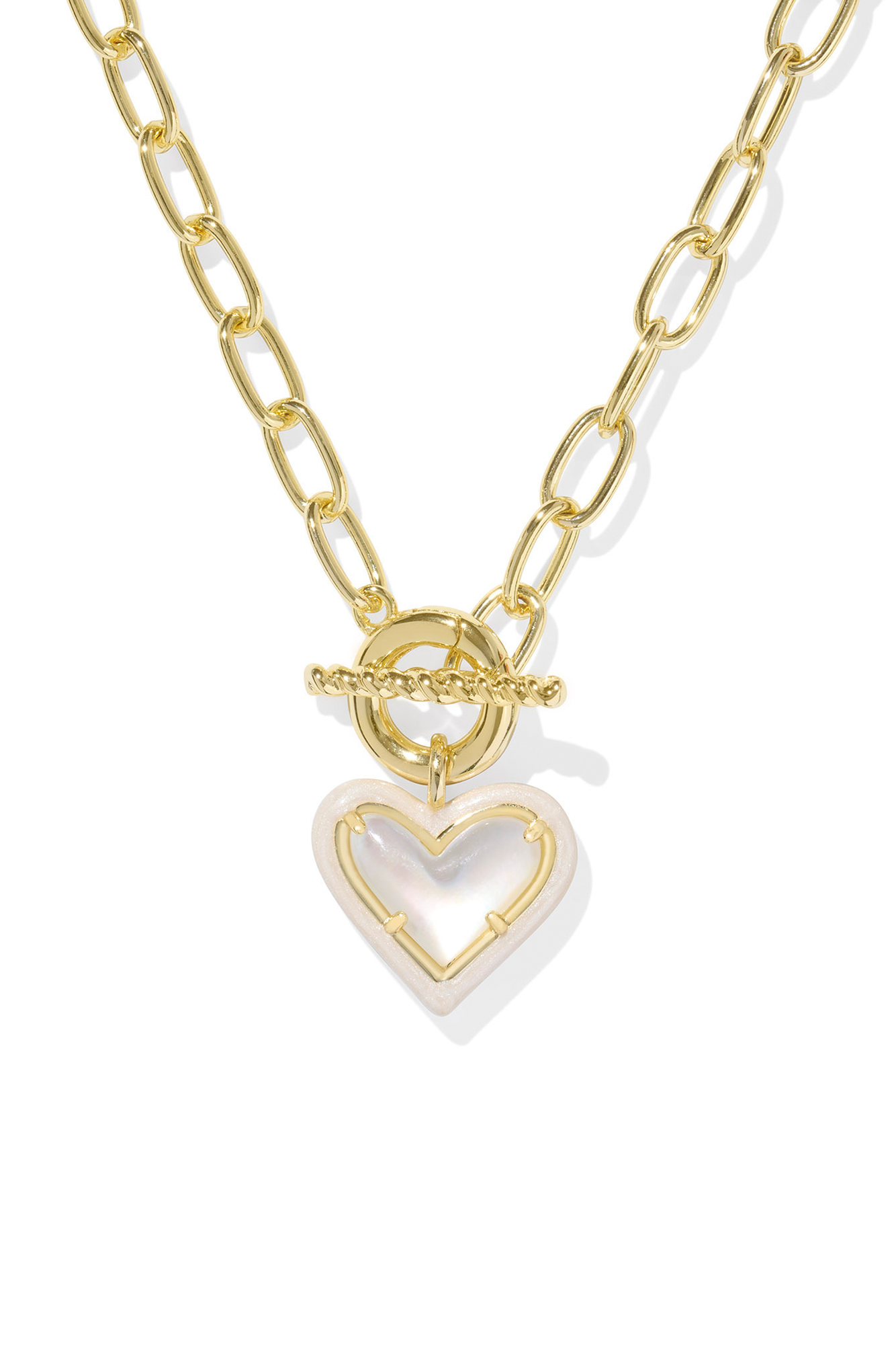 Ari Heart Gold Enamel Frame Link And Chain Necklace Ivory Mother Of Pearl