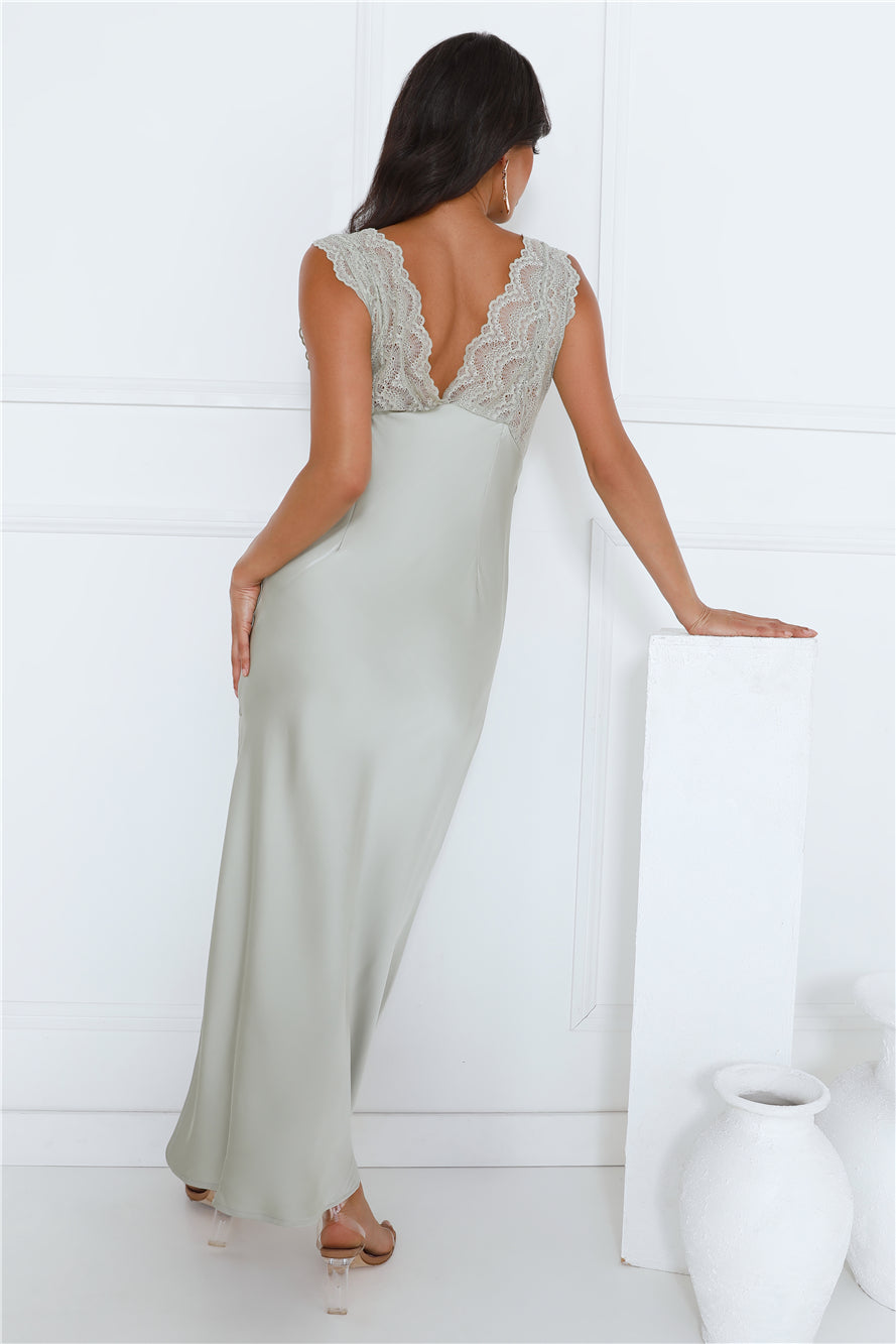 Gorgeous Vision Satin Lace Maxi Dress Sage