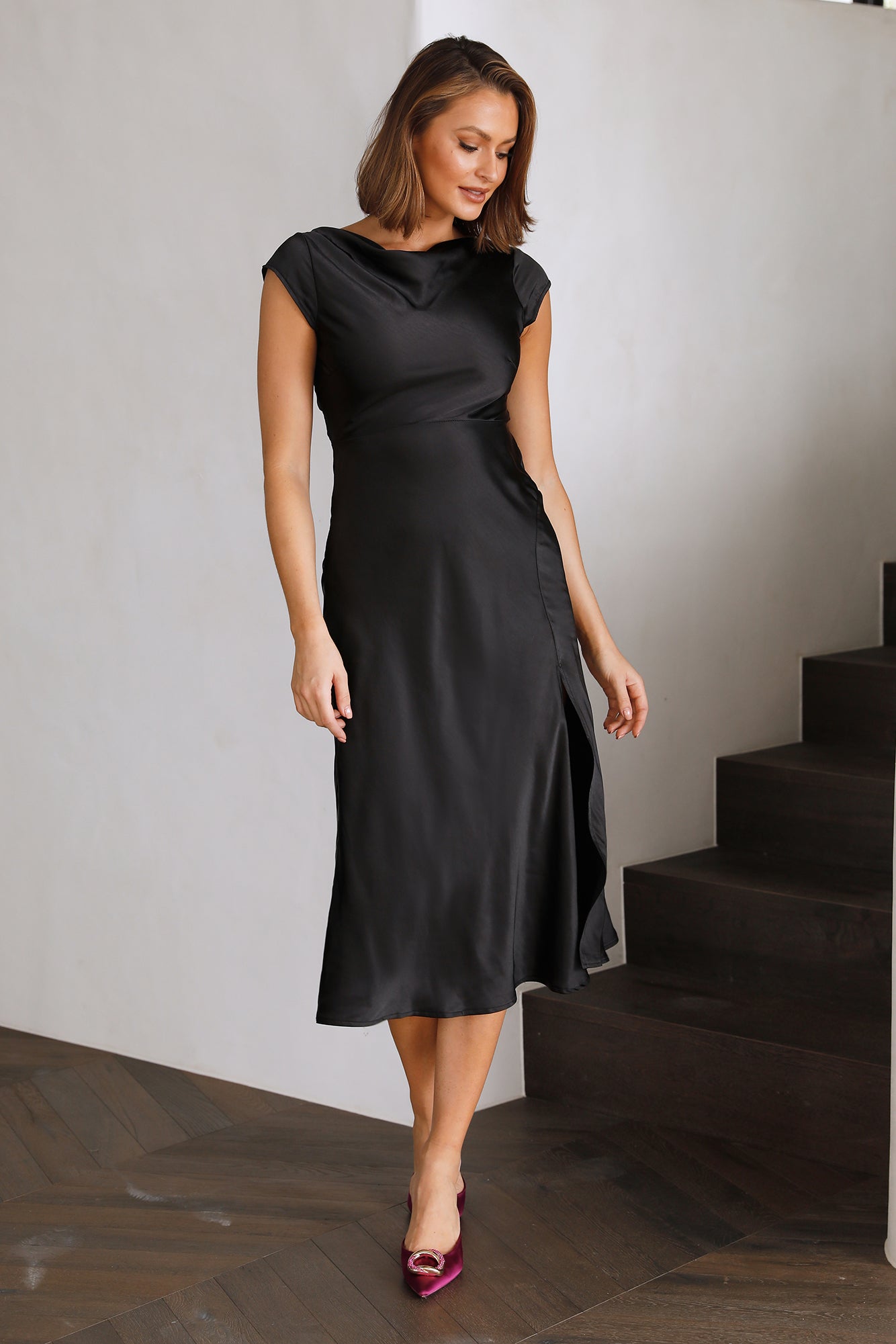 Get In Formation Satin Midi Dress Black