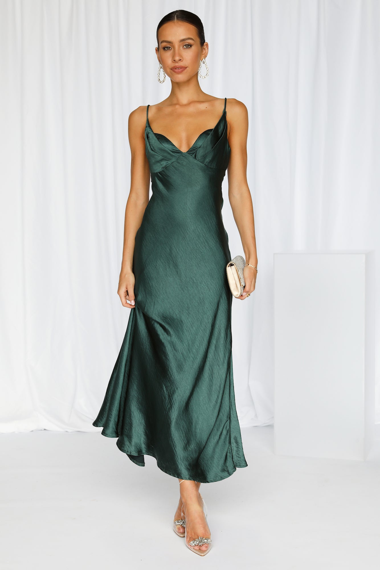 No Cloudy Skies Satin Maxi Dress Forest Green