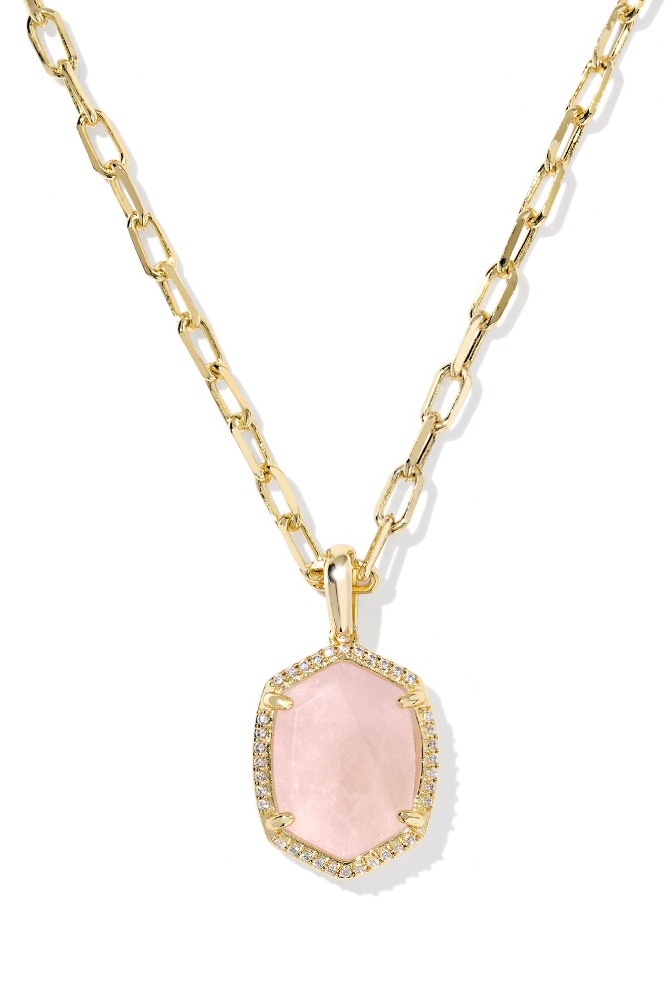 Daphne Gold Pave Frame Short Pendant Necklace Rose Quartz