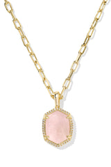 Daphne Gold Pave Frame Short Pendant Necklace Rose Quartz
