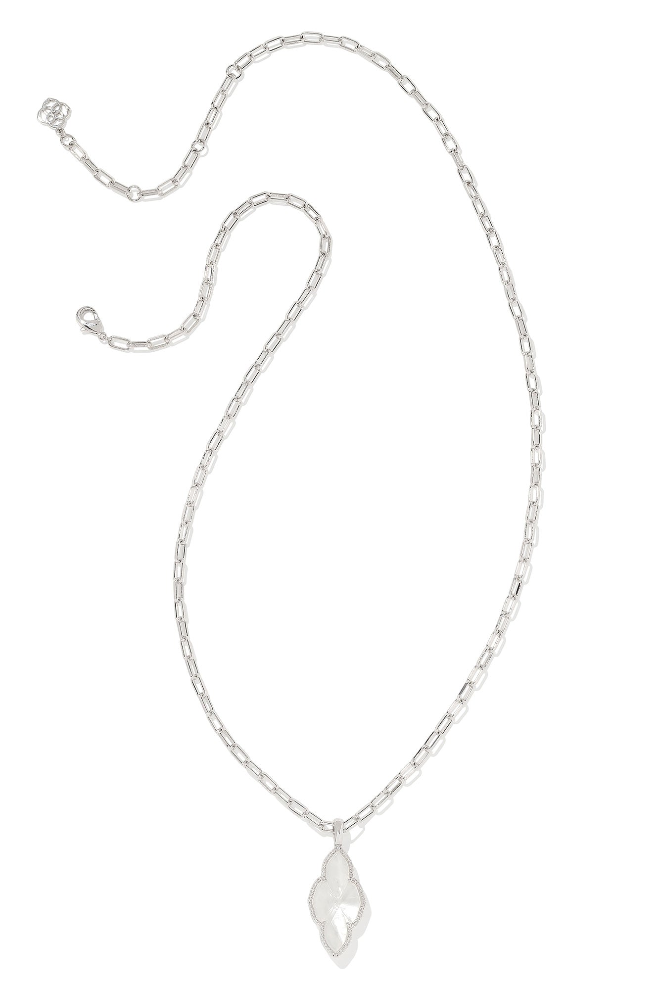 Abbie Silver Pave Frame Large Long Pendant Necklace Ivory Mother Of Pearl