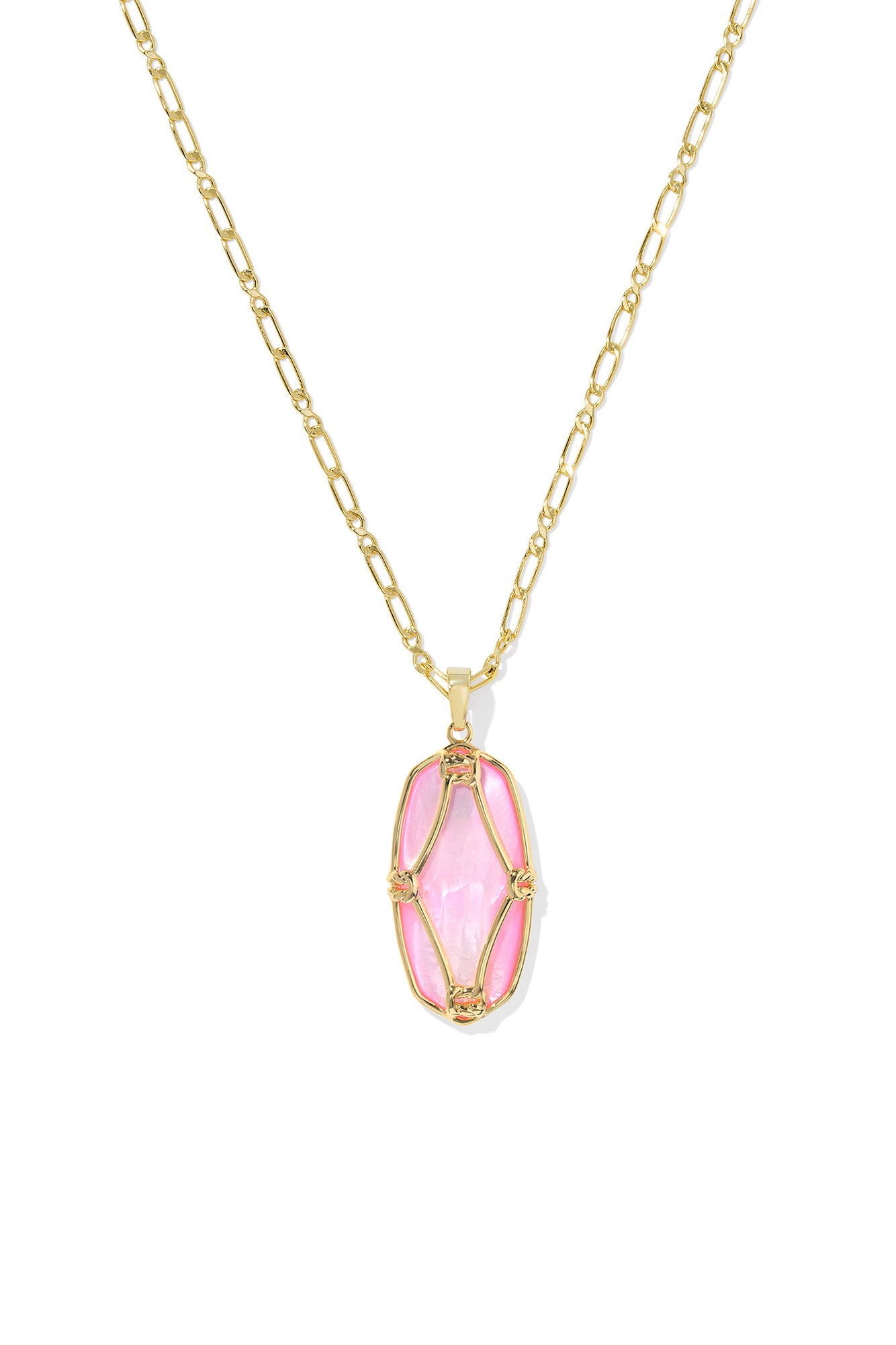 Elle Lattice Frame Gold Large Long Pendant Necklace Blush Ivory Mother Of Pearl