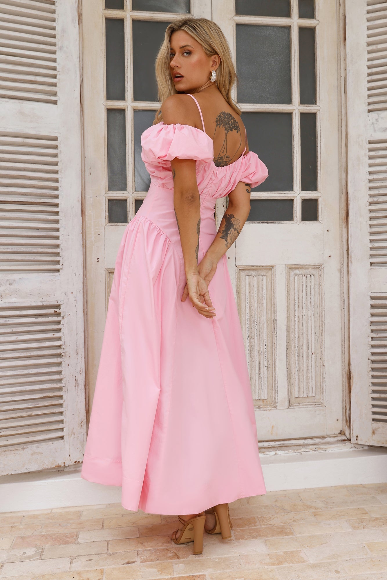 Fun Loving Off Shoulder Midi Dress Pink