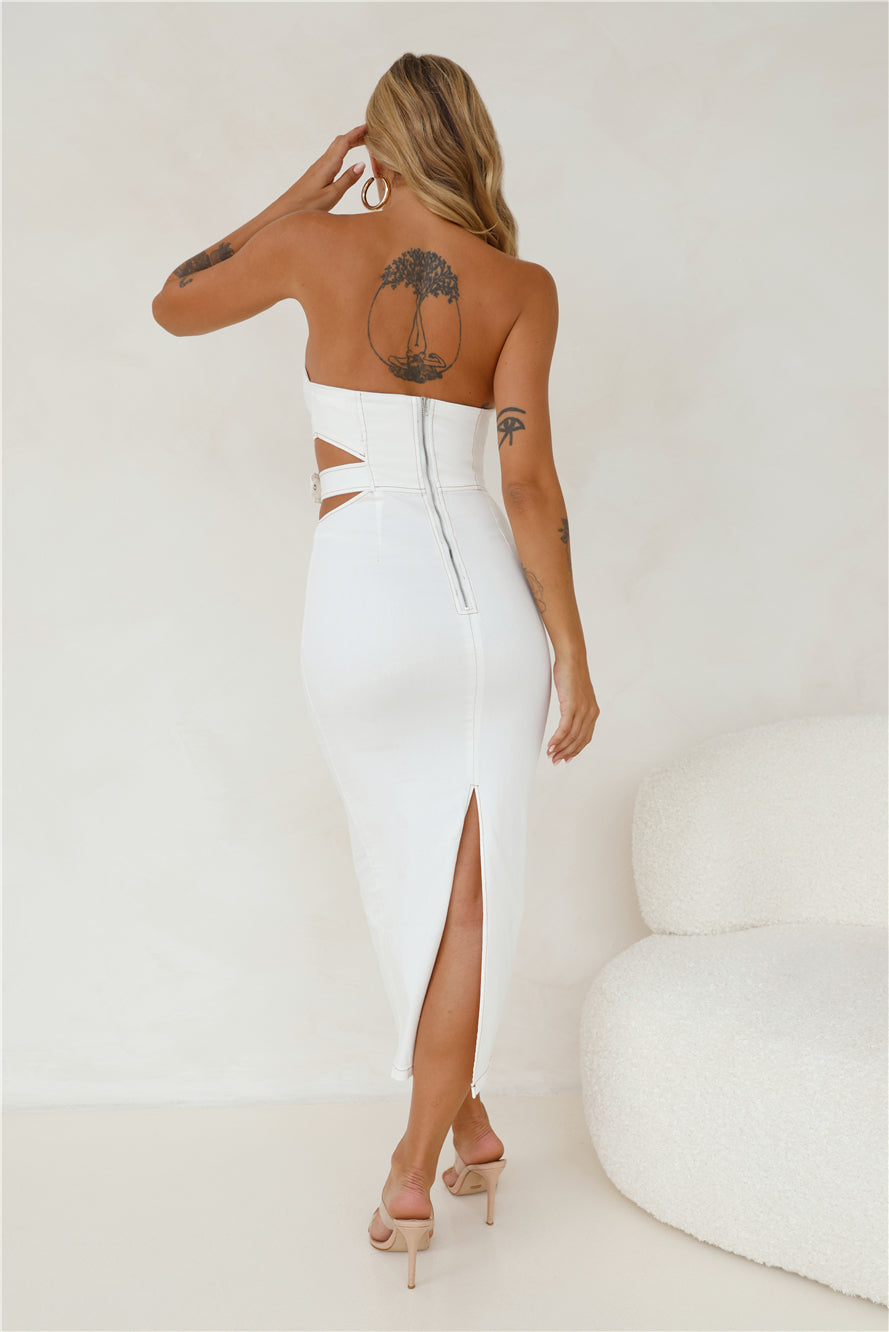 Online Chat Strapless Denim Midi Dress White
