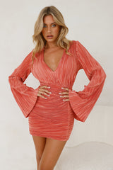 Hype Girl Plisse Long Sleeve Mini Dress Brick