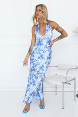 Affectionate Mood Satin Halter Maxi Dress Blue