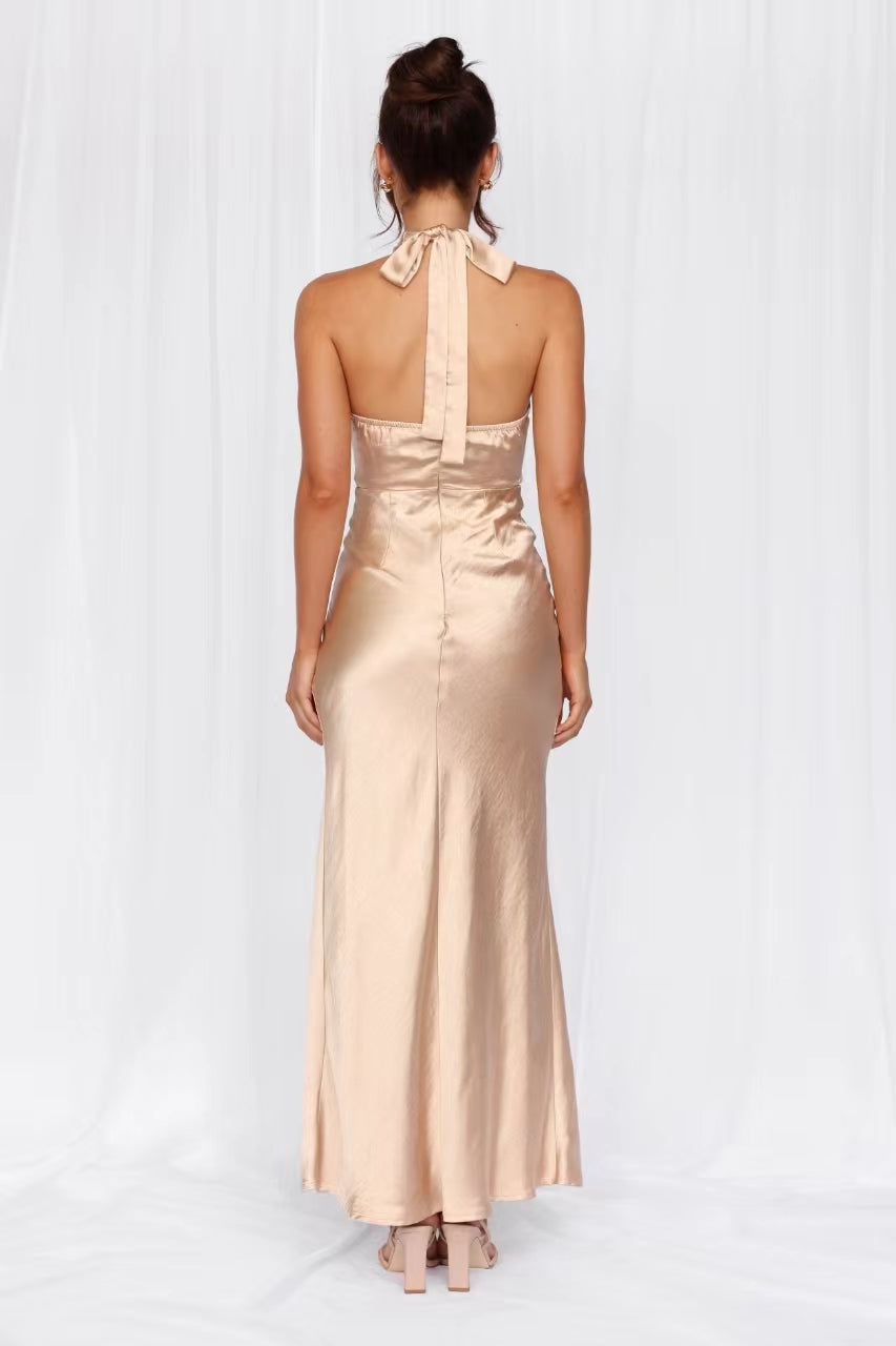 HELLO MOLLY The Adeline Halter Satin Maxi Dress Champagne